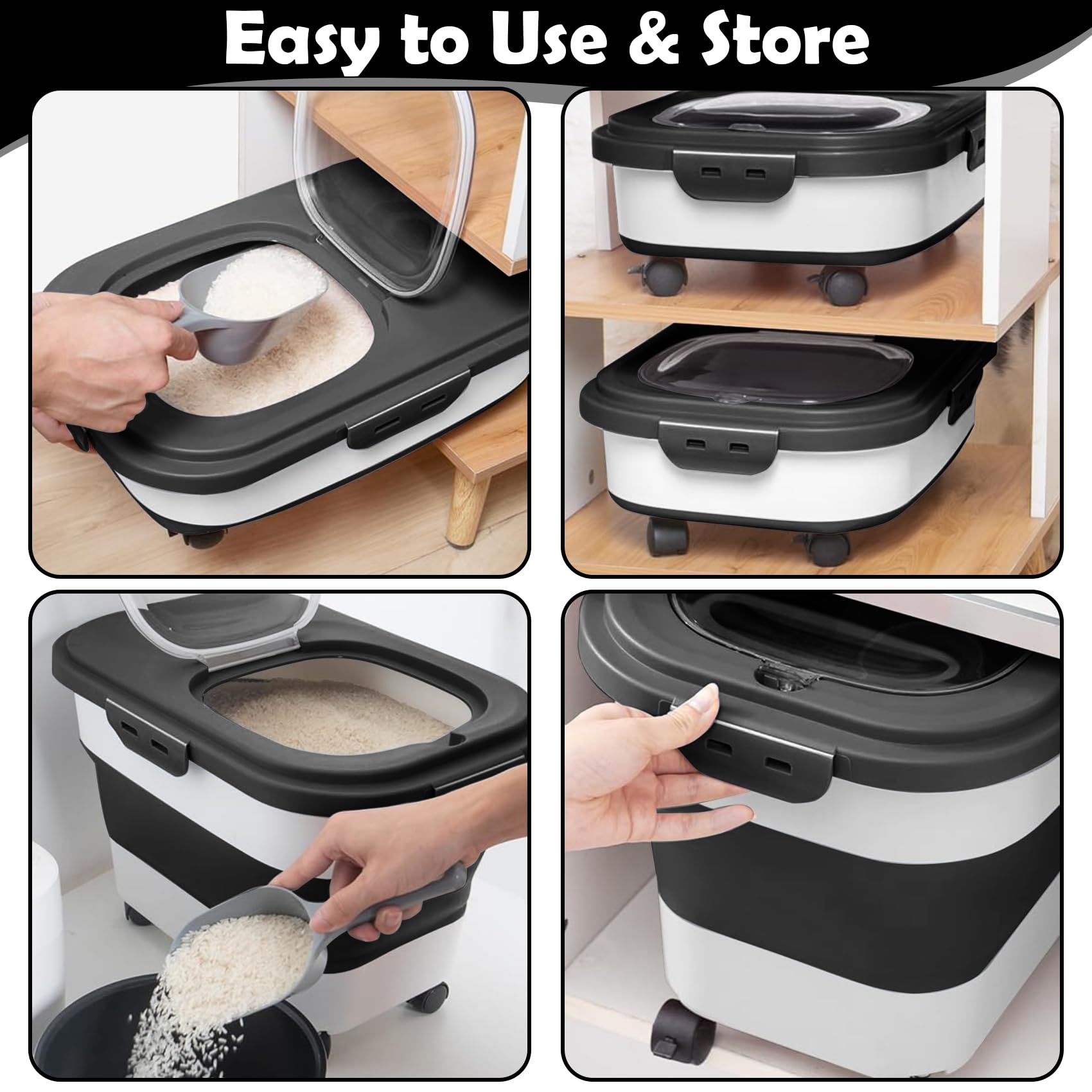 20Lbs Airtight Rice & Flour Storage Container with Wheels - Large Pet Food Dispenser Bin for Dog & Cat - Includes Scoop & Measuring Cup - Collapsible Kitchen Organizer for Cereal, Kibble & Dry Food - Perfect for Pantry, Kitchen & Pet Food Storage
