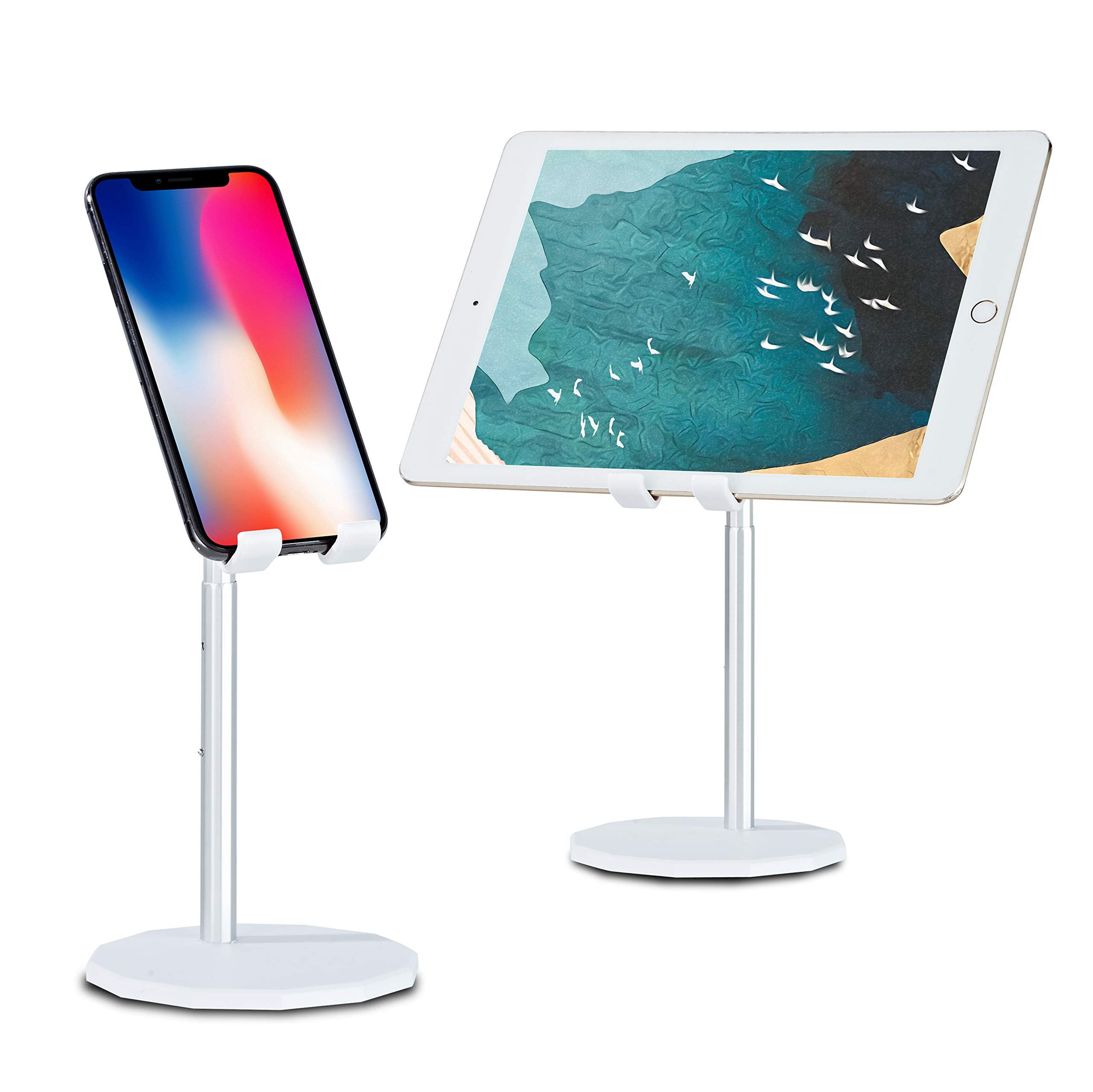 Adjustable Anti-Slip Phone Stand Holder with Charging Port - Universal Desktop Cell Phone Dock for iPhone, Samsung, iPad Mini - Perfect for Home Office, Bedside, Kitchen & Video Calls (White)