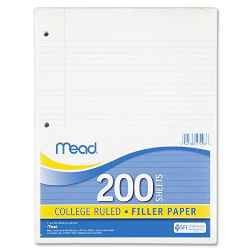 Mead Loose Leaf Paper - 200 Sheets College Ruled 3 Hole Punch Filler Paper, 11