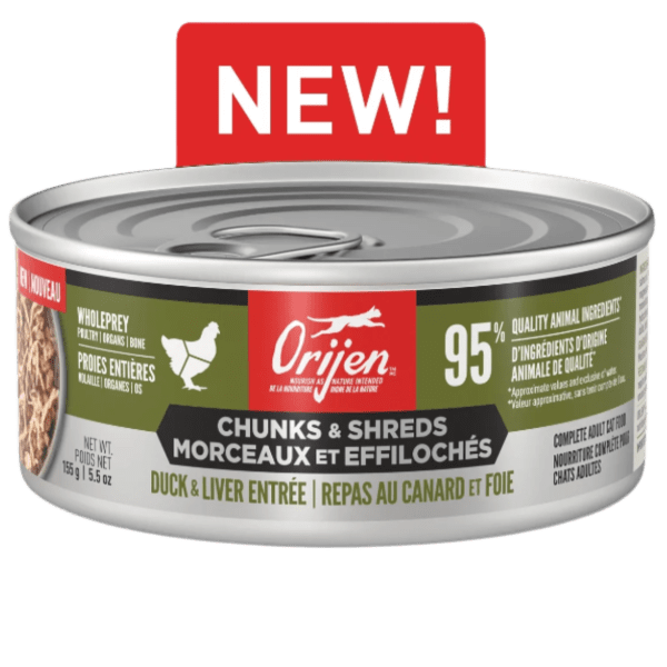 Orijen Duck & Chicken Chunks & Shreds Entrée Canned Cat Food - Grain Free, High Protein Wet Cat Food for Adult Cats - 5.5oz Can (Pack of 12) - Perfect for Picky Eaters & Mealtime Enrichment