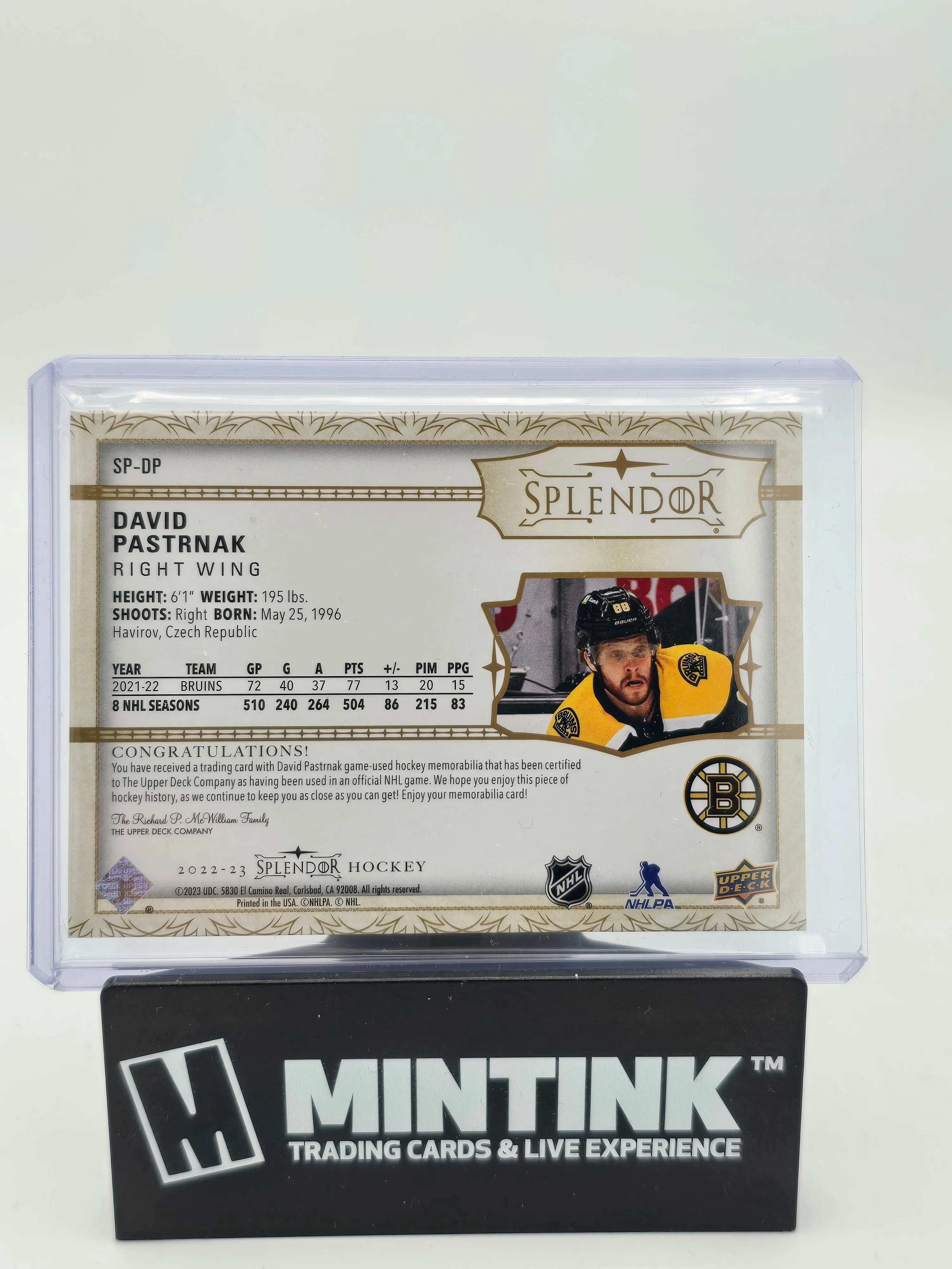2022-23 Upper Deck Splendor Hockey David Pastrnak Gold Foil Patch 1/36 - Rare Collectible Hockey Card for Sports Memorabilia & Trading Card Game Fans