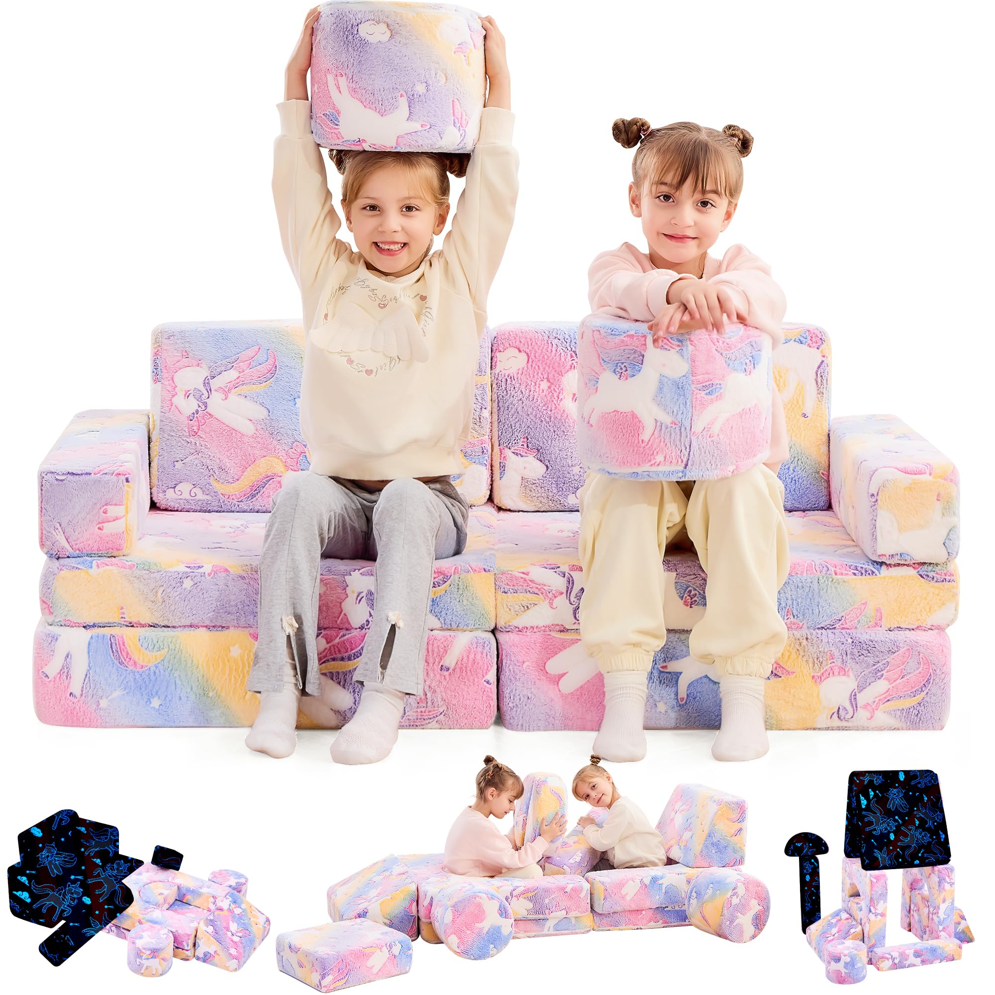 14-Piece Modular Kids Play Couch - Convertible Toddler Sectional Sofa with Blue Glow Foam Cushions for Boys & Girls | Playroom, Bedroom & Nursery Furniture | Unicorn-Themed Floor Cushion for Reading Nook & Playtime