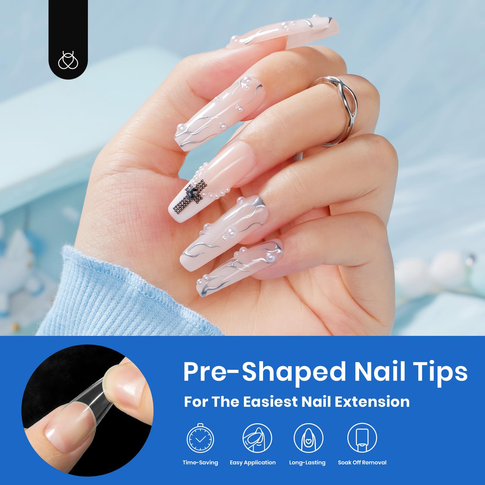 Beetles 500Pcs Acrylic Nail Kit - Long Coffin Pre-Shaped Clear Full Cover Soft False Nails with Easy Soak Off Tips for DIY Nail Art & Extensions | Perfect Home Manicure Gift Set for Women, Great for Parties, Weddings & Special Occasions