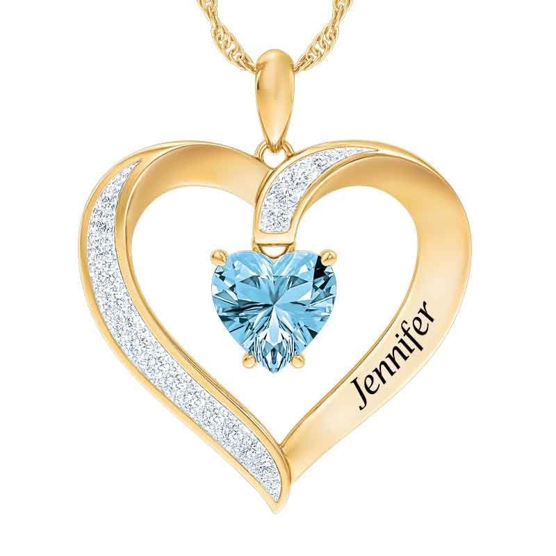 Danbury Mint Personalized March Birthstone Heart Pendant Necklace - Custom Engraved Jewelry Gift for Women, Mothers, Wives - Aquamarine Gemstone Pendant for Birthday, Anniversary & Valentine's Day