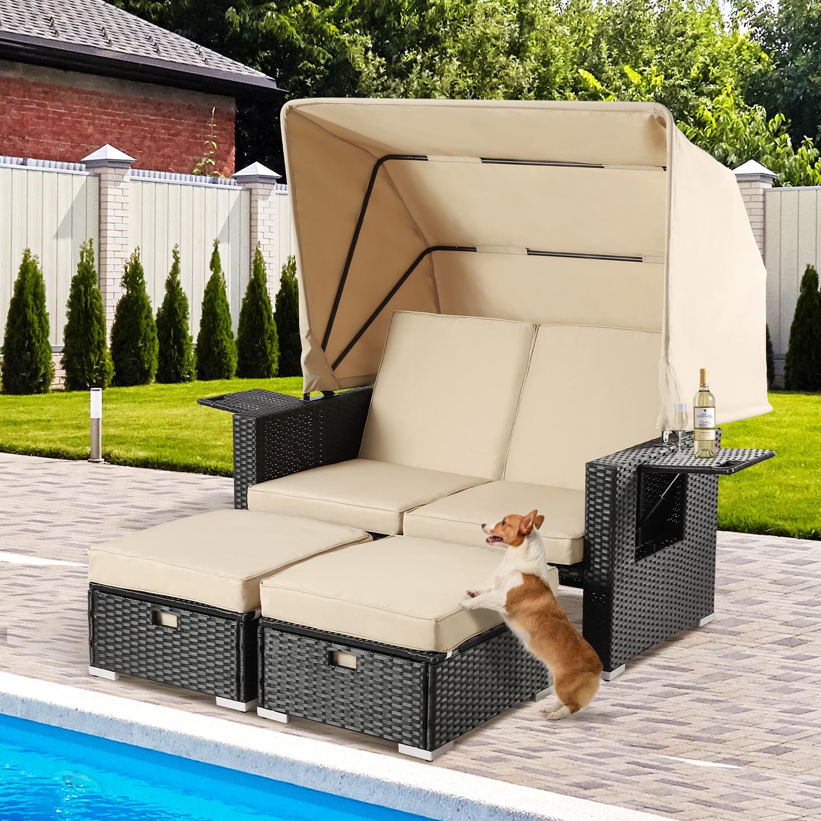 LEISU Outdoor Patio Furniture Sunbed with Retractable Canopy - PE Wicker Rattan Rectangle Sectional Sofa Set with Washable Cushions - Perfect for Garden, Backyard, Poolside & Patio Relaxation (Khaki)