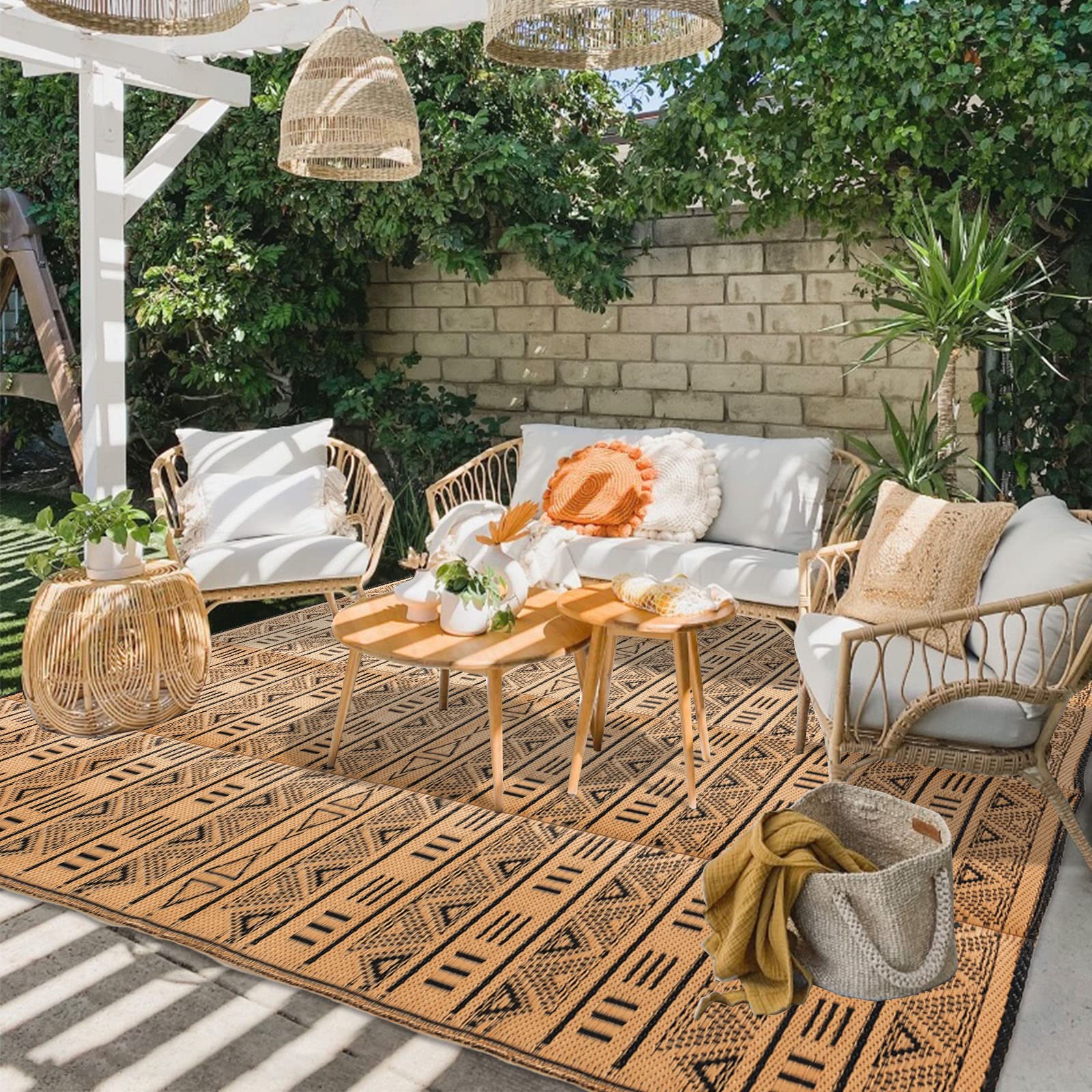 Reversible 5x8ft Waterproof Outdoor Rug - Geometric Bohemian Design for Patio, RV, Camping, Beach & Backyard | Portable Plastic Straw Mat for Picnic, Clearance & Decor