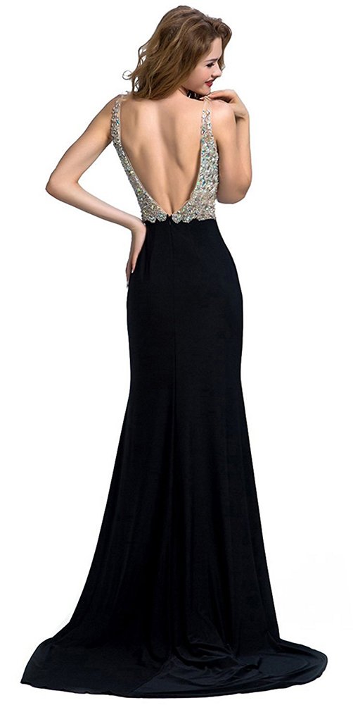 Honeydress Women's Crystal V-Neck Backless Mermaid Prom Dress with Side Slit & Train - Elegant Evening Gown for Homecoming, Pageants & Formal Events