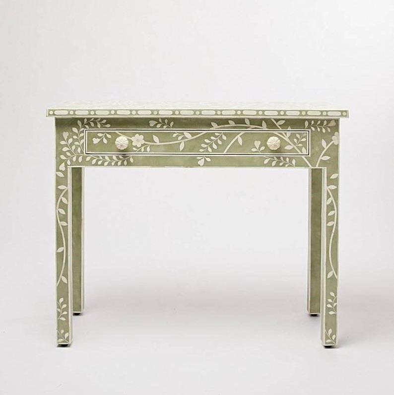 Handmade Bone Inlay Floral Design Console Table with Drawers - Sage Green Vintage Entryway Furniture for Hallway, Living Room & Bedroom Decor