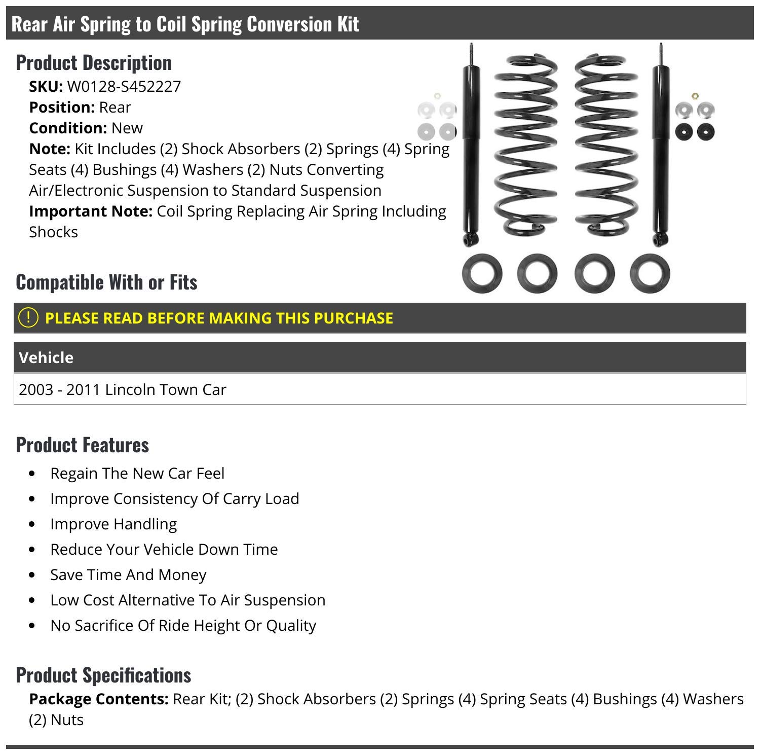 Rear Air Spring to Coil Spring Conversion Kit for 2003-2011 Lincoln Town Car - Heavy Duty Suspension Upgrade for Smoother Ride & Improved Handling - Perfect for Classic Car Restoration & Daily Driving