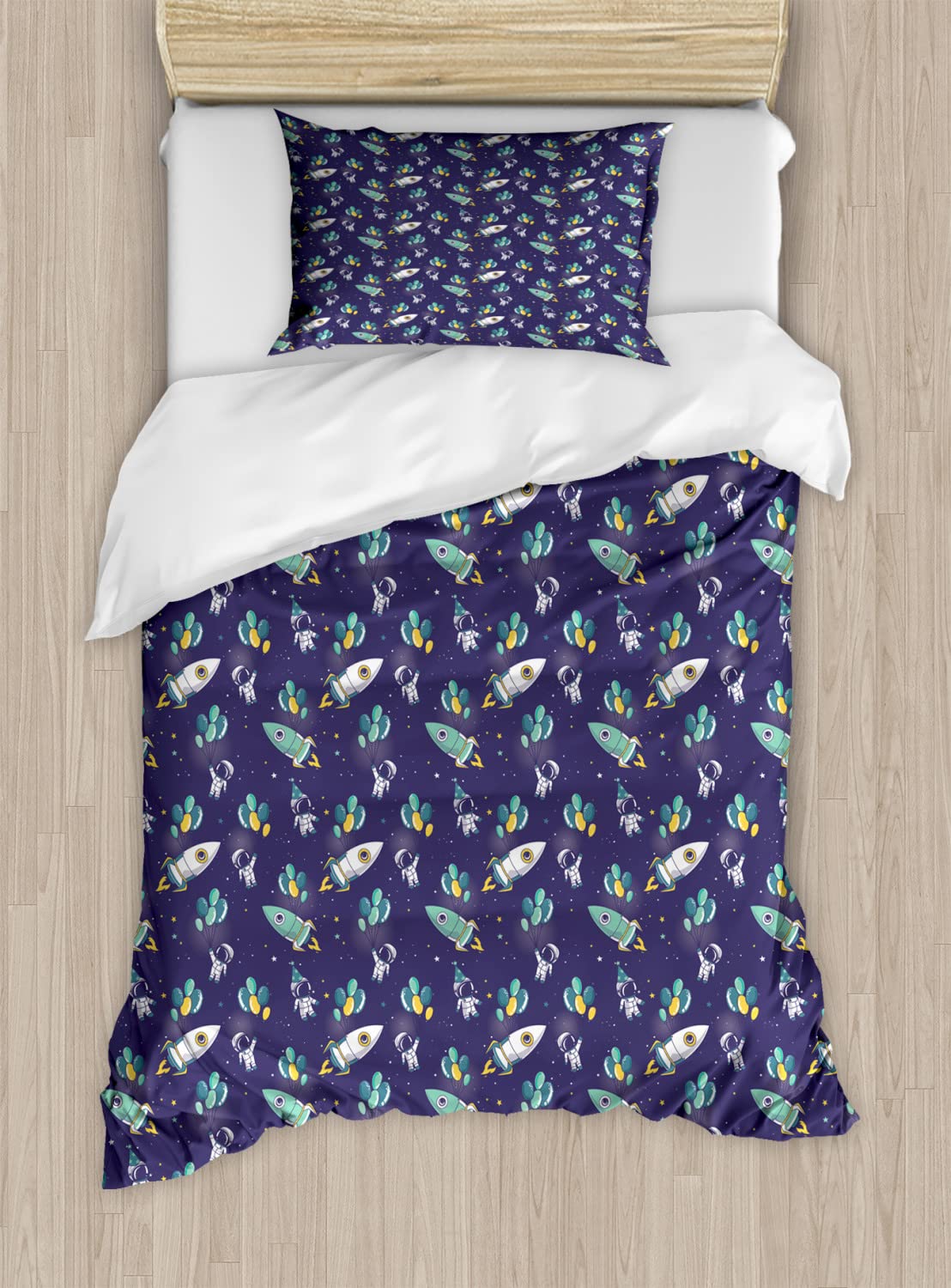 Ambesonne King Size Duvet Cover Set - 2 Pack Space Theme with Rockets & Balloons, Violet Blue Yellow Bedding for Boys Birthday Party | Includes 2 Duvet Covers & 4 Pillowcases | Perfect for Kids Room Decor, Themed Sleepovers & Celestial Nursery Design