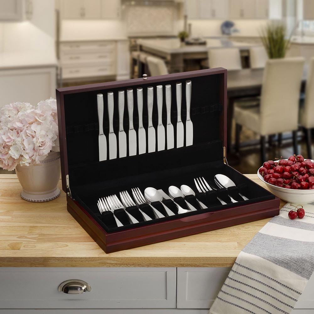 Dark Walnut Wooden Flatware Storage Box - Elegant Silverware Organizer for Dining Table, Kitchen, or Buffet - Perfect for Utensil Storage and Display