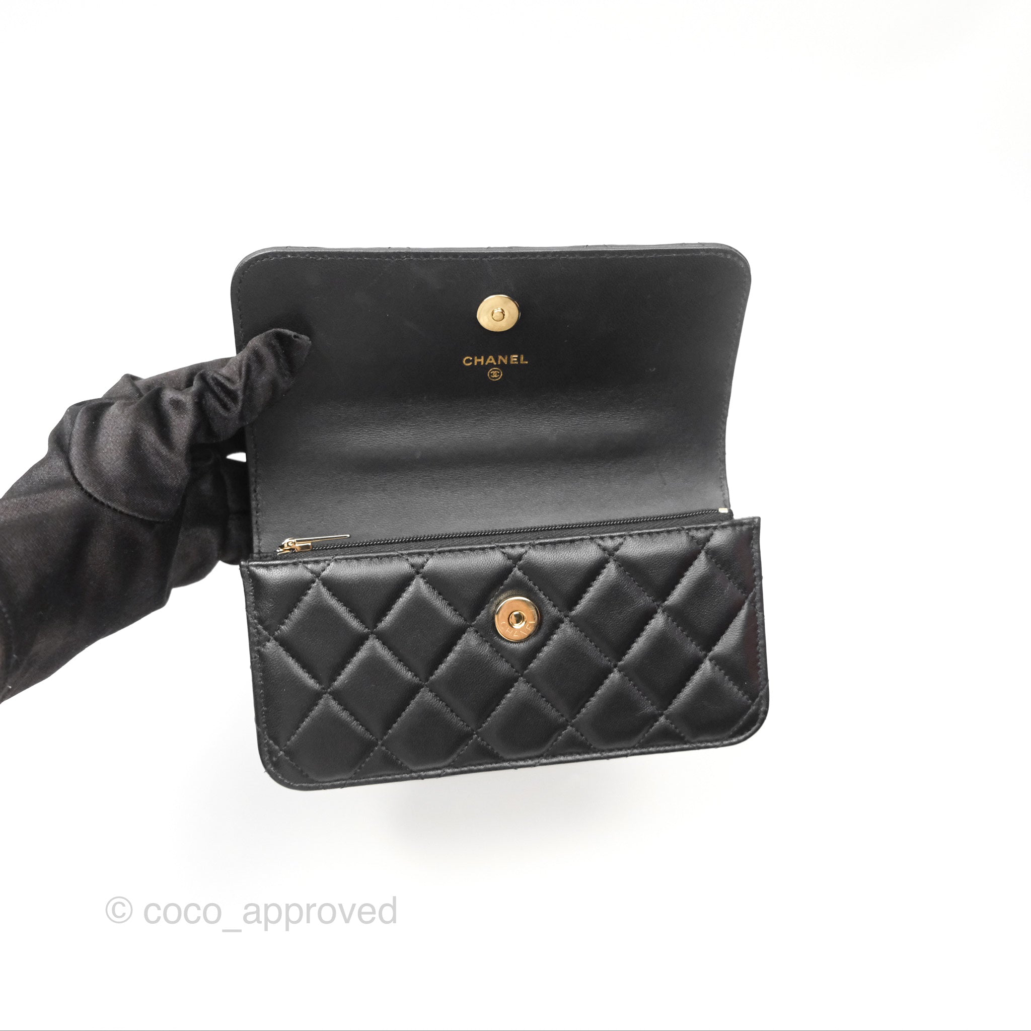 Chanel Camellia Handle Mini WOC Phone Holder Crossbody Bag with Chain - Black Lambskin Leather 23K Gold Hardware | Luxury Evening Out & Date Night Accessory