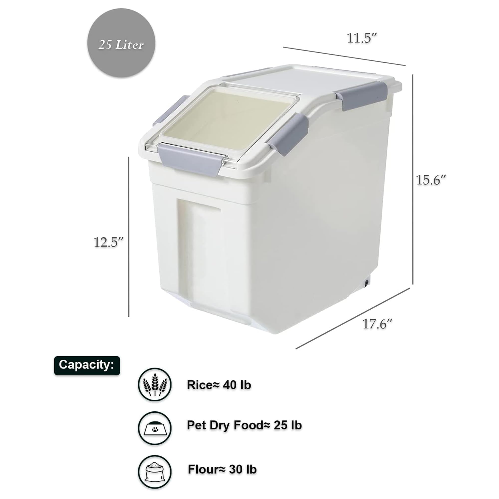 HANAMYA 25 Liter (27 lbs) BPA-Free Pet Food Storage Container with Measuring Cup - Airtight Dry Food Dispenser for Dog Food, Cat Food, Rice, Grain & Flour - White & Gray (2 Pack) | Perfect for Kitchen Pantry & Pet Food Organization