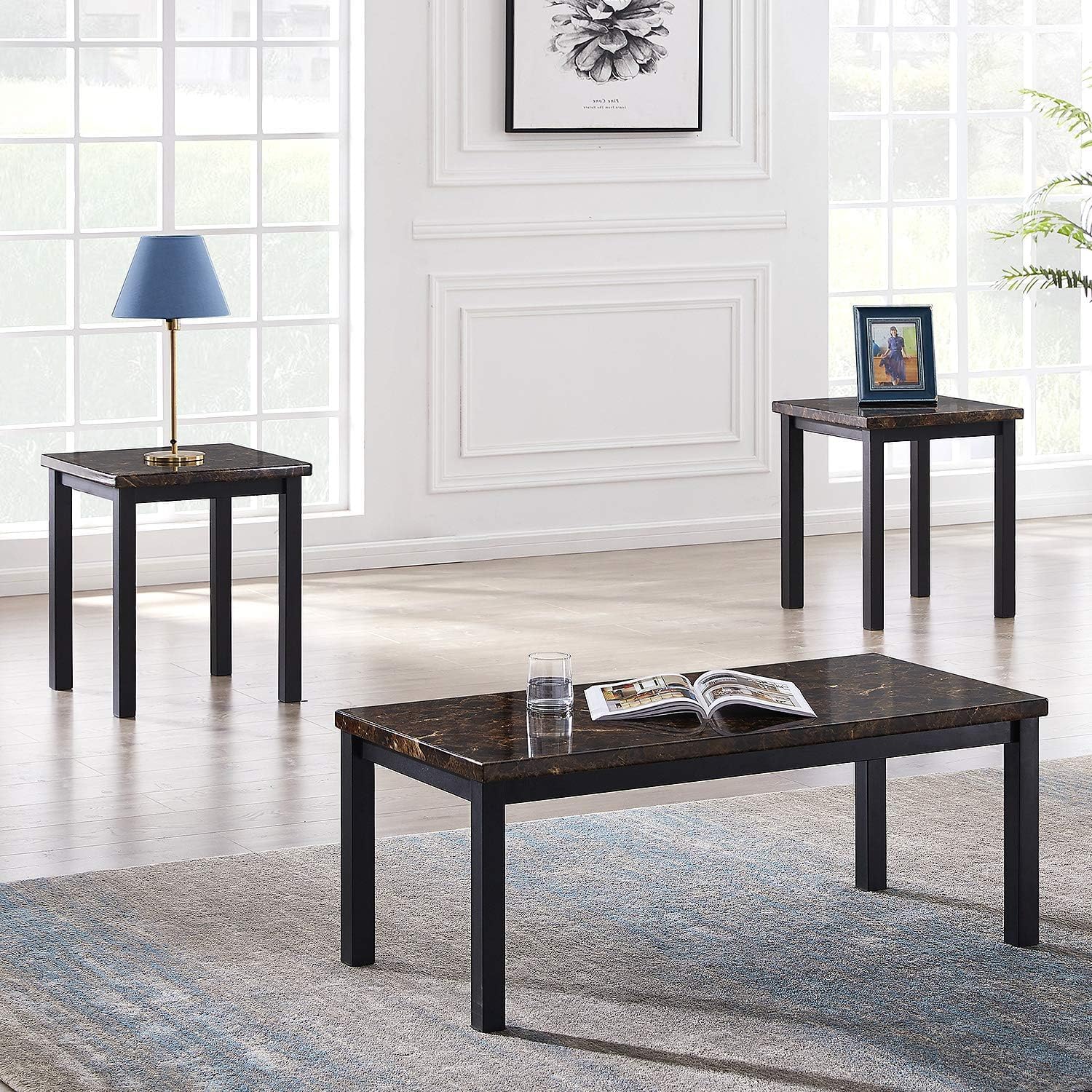3-Piece Coffee Table Set with Faux Marble Top & Metal Frame - Modern Living Room Furniture Includes Coffee Table & End Tables - Perfect for Small Spaces, Apartments & Home Decor (Brown)