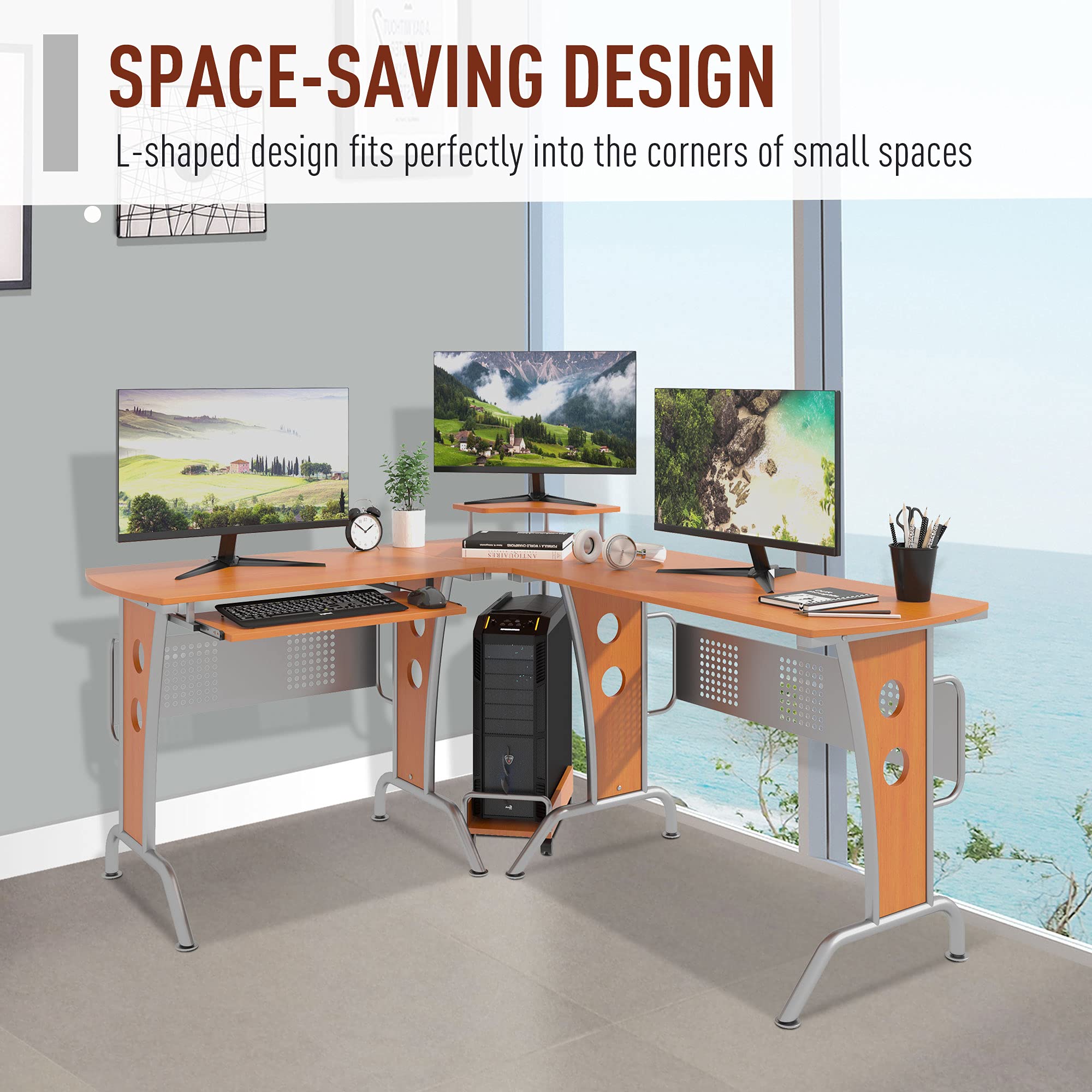 HOMCOM L-Shaped Corner Computer Desk with Elevated Shelf, Rolling Keyboard Tray & CPU Stand - Wood Finish Home Office Workstation for Small Spaces, Gaming & Remote Work