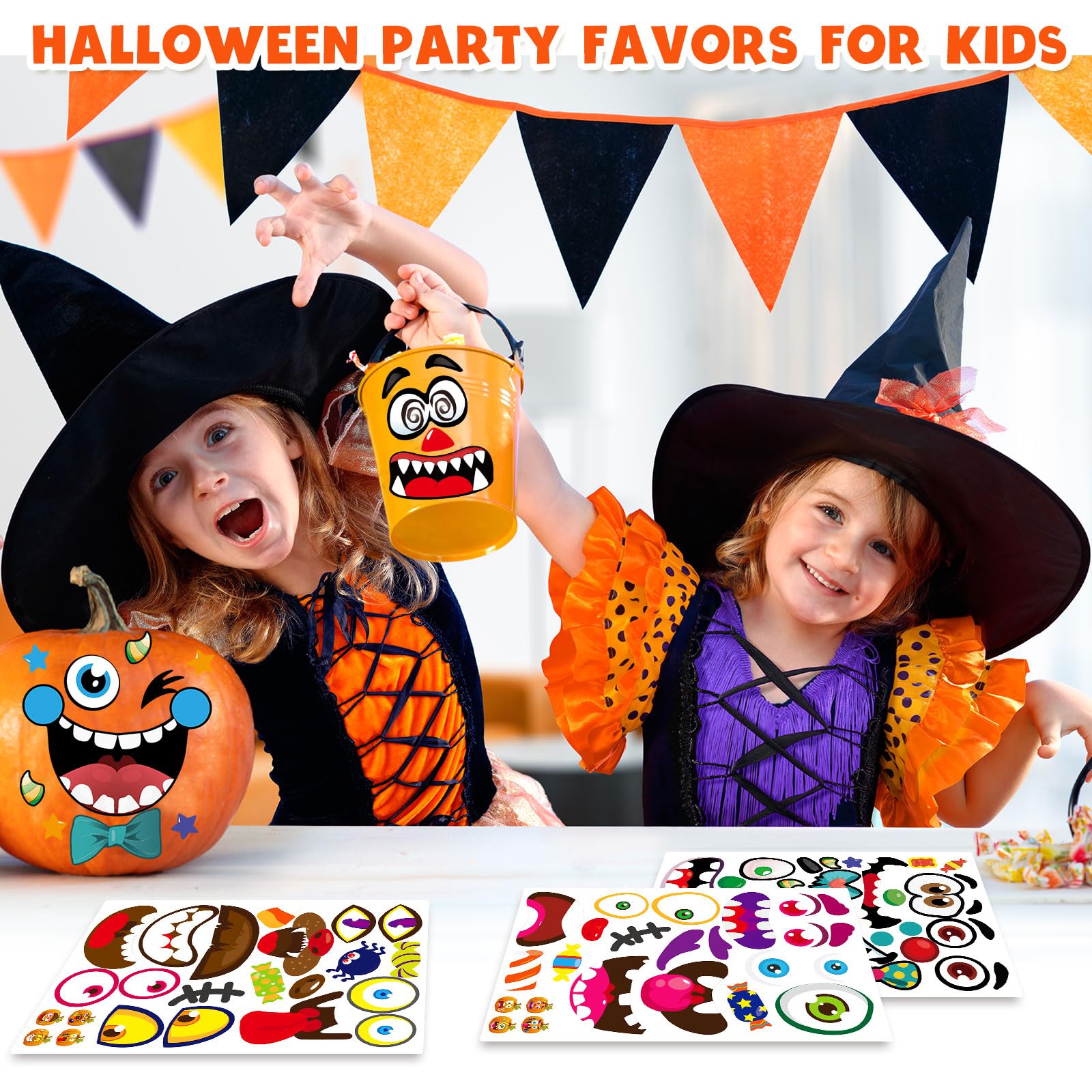 Halloween Stickers for Kids - 48 Large Pumpkin Face Decorating Stickers Bulk Pack | Perfect for Classroom Crafts, Party Favors & DIY Halloween Decorations