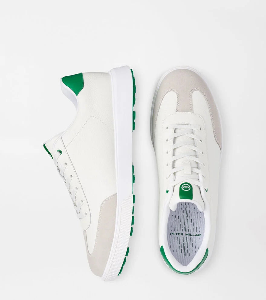 Peter Millar Men's Drift Leather Hybrid Golf Shoes - White/Fairway | Comfortable & Durable Spiked Golf Shoes for Men | Perfect for Golf Course & Casual Wear