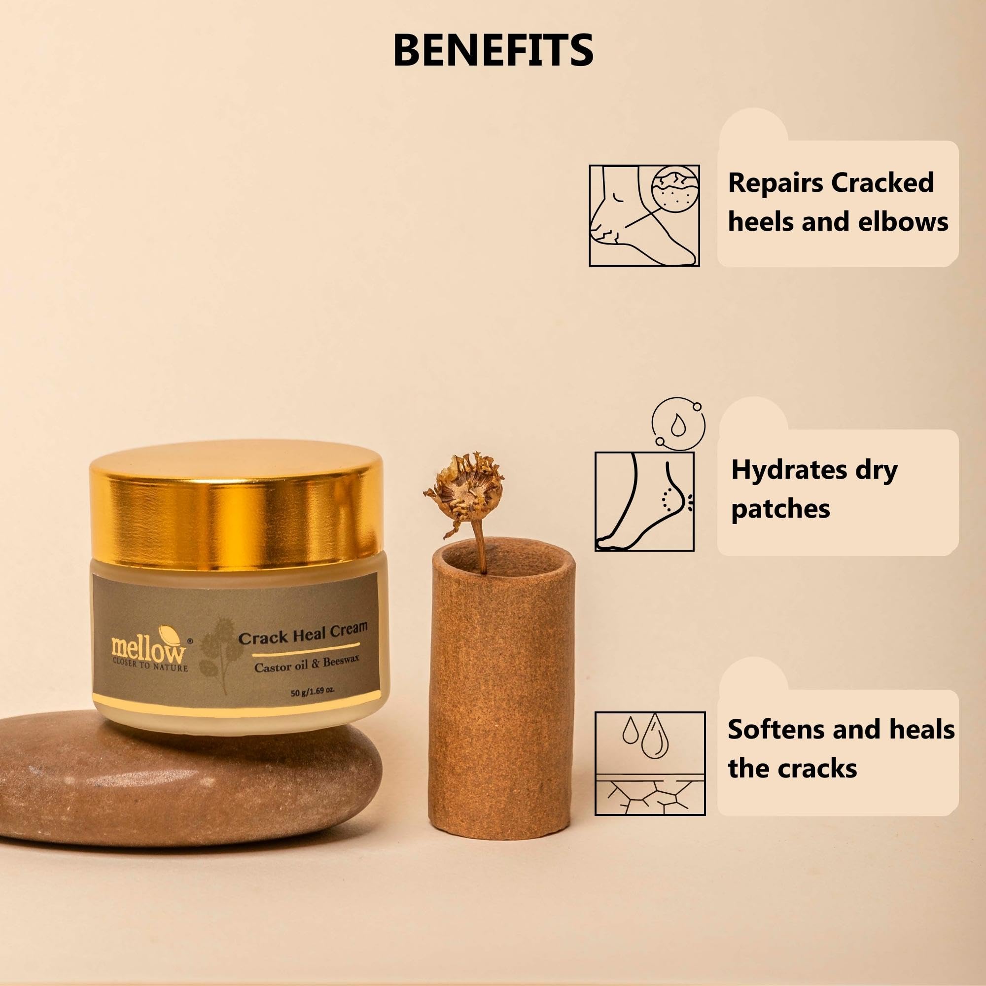 Mellow Herbal Crack Heel Repair Cream - Ayurvedic Foot Treatment for Dry, Cracked Feet with Beeswax, Sesame & Castor Oil - Deep Moisturizing & Fast Healing Foot Balm - Paraben-Free, Ayush Certified (50g) - Perfect for Dry Winter Feet, Cracked Heel Recovery & Daily Foot Care