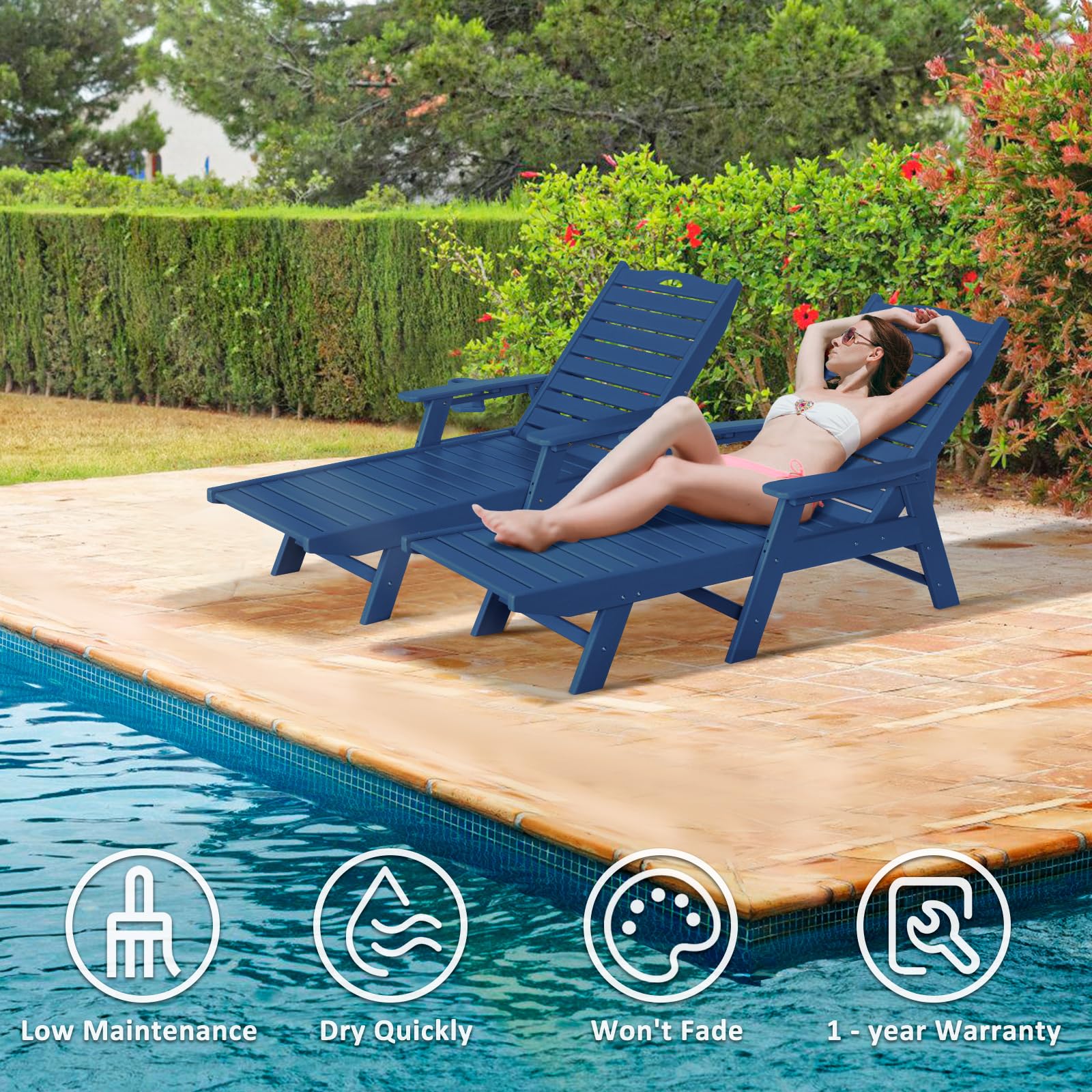 5-Position Adjustable HDPE Chaise Lounge Chair for Outdoor, Patio, Poolside & Beach - Supports 400 LBS - Navy Blue - Perfect for Sunbathing, Relaxing by the Pool or Backyard Lounging