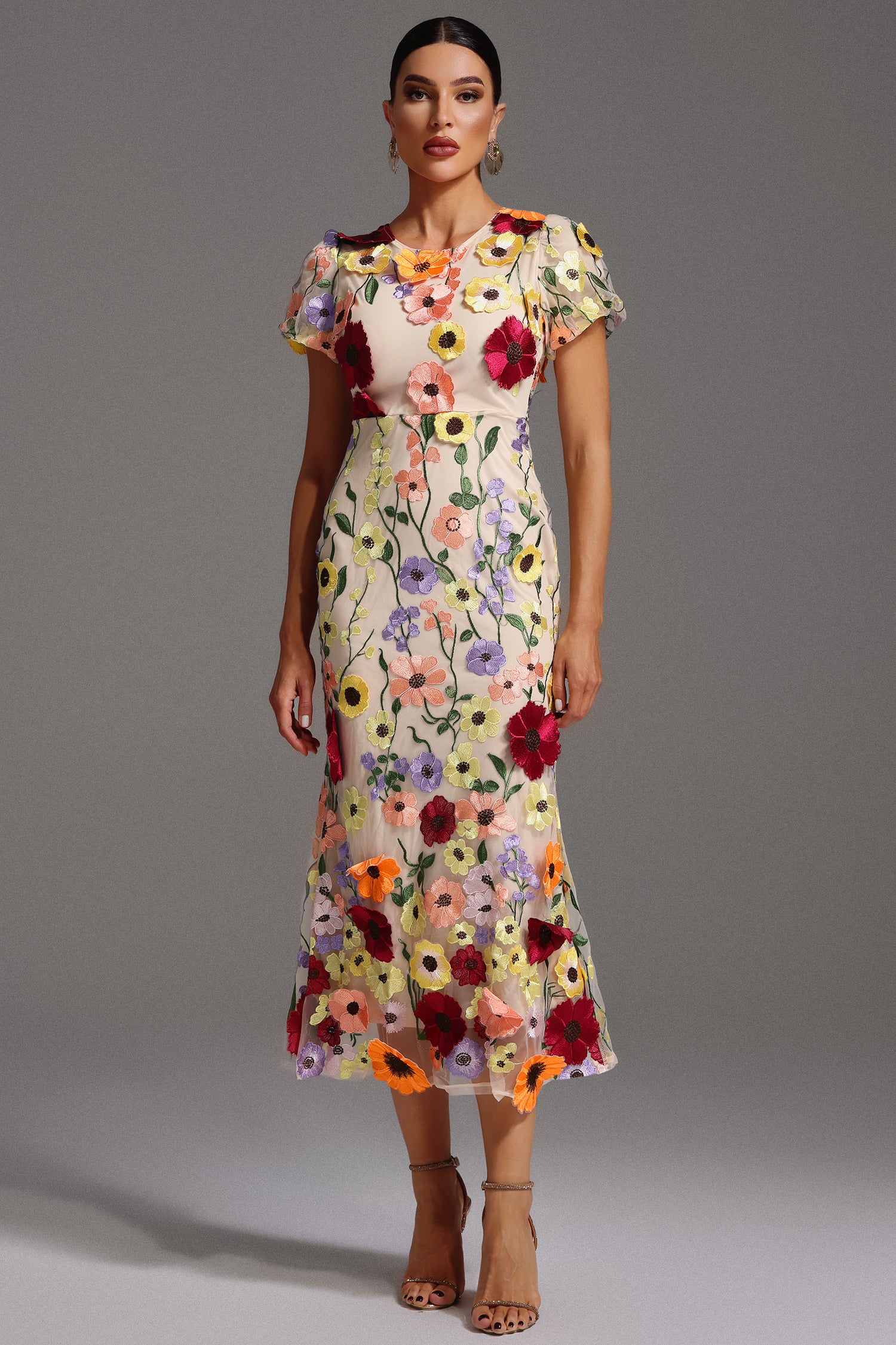 Stylish Naya Short Sleeve Floral Print Round Neck Fishtail Midi Dress for Women | Summer Casual, Beach Vacation & Party Wear