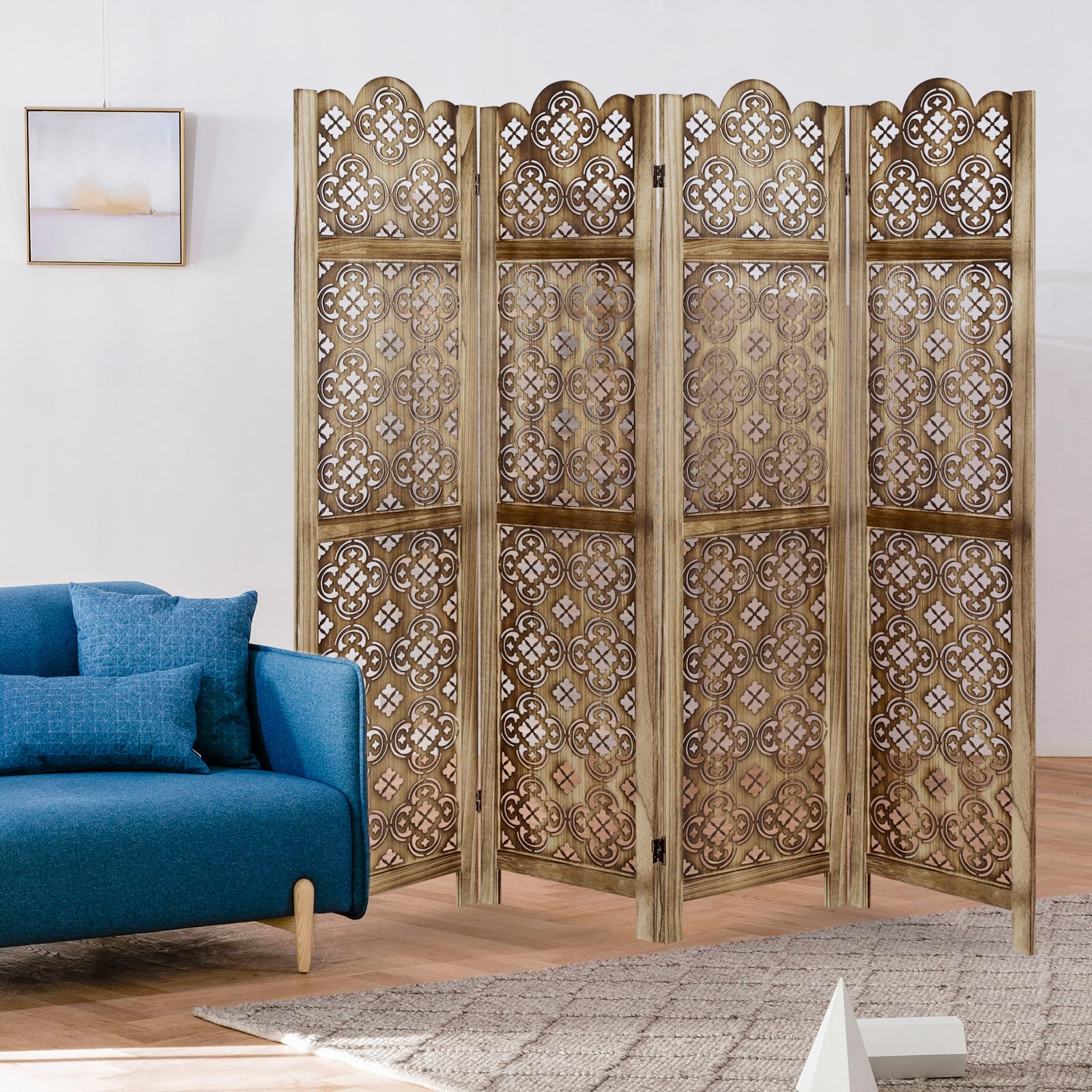 ECOMEX 5.6Ft Wooden Room Divider with 4 Panel Cutout Design - Fully Assembled Folding Screen for Home, Office, Restaurant & Bedroom - Natural Brown Wall Partition for Privacy & Space Decoration