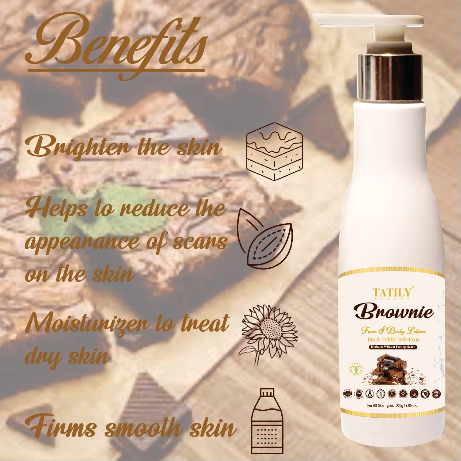 Tatily London Brownie Face & Body Lotion with Shea Butter - 24H Moisturizing Cream for All Skin Types | Skin Brightening & Nourishing | Perfect for Dry Skin Care & Daily Hydration - 200g