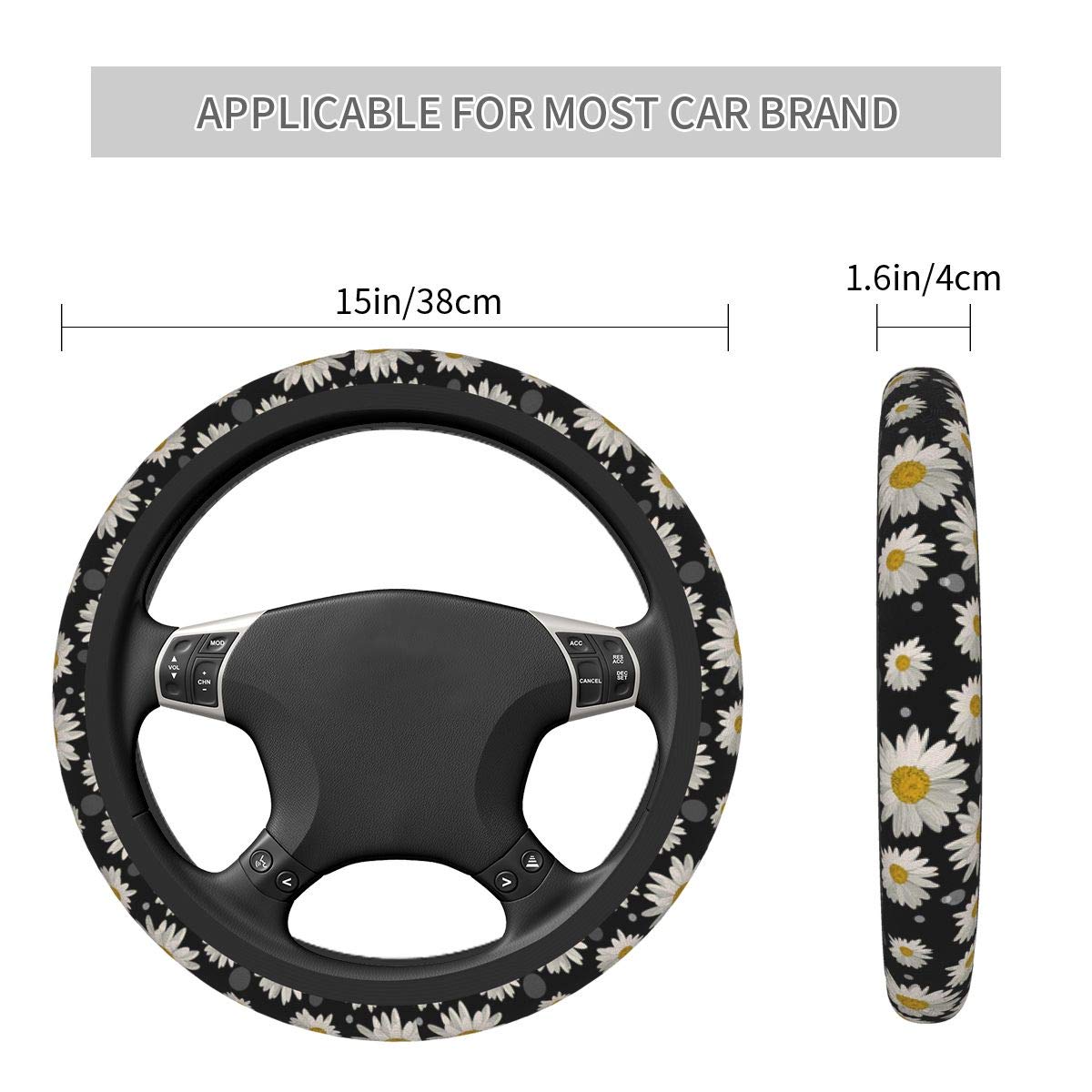 Delerain White Daisies Steering Wheel Cover - Anti-Slip Elastic Car Accessories, Universal 15 Inch Steering Wheel Protector for Men & Women - Perfect for Summer Driving, Road Trips, and Daily Commute