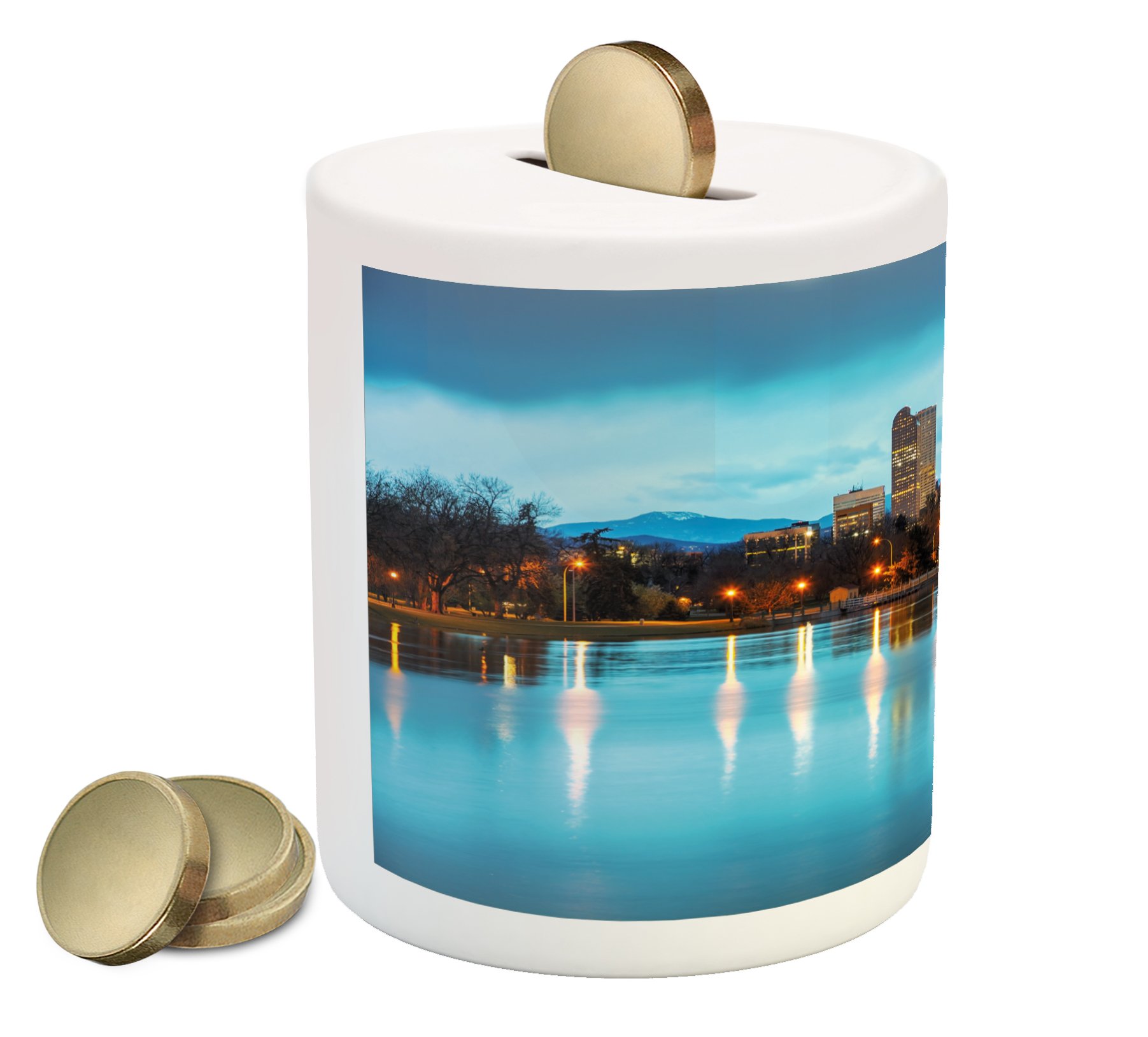 Ambesonne Ceramic Piggy Bank - Downtown Denver Ferril Lake Colorado Morning City Park Capital Design, Money Box for Cash Saving, Sky Blue Yellow Orange - Perfect for Kids' Savings, Home Decor & Gift Giving