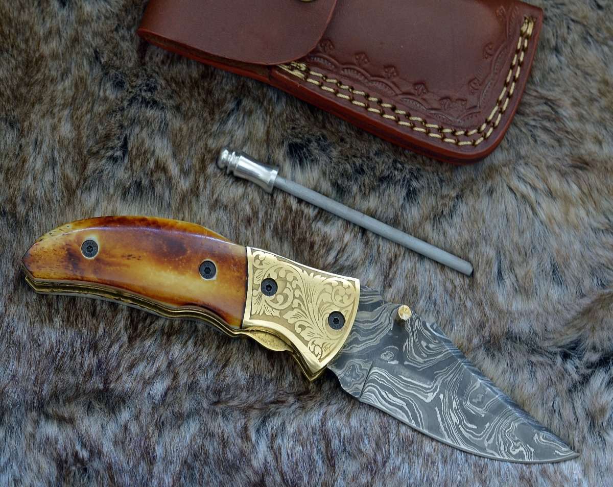 Premium Damascus Steel Folding Knife with Charred Bone Handle - Tactical Pocket Knife for Outdoor Camping, Hunting & EDC (Everyday Carry)