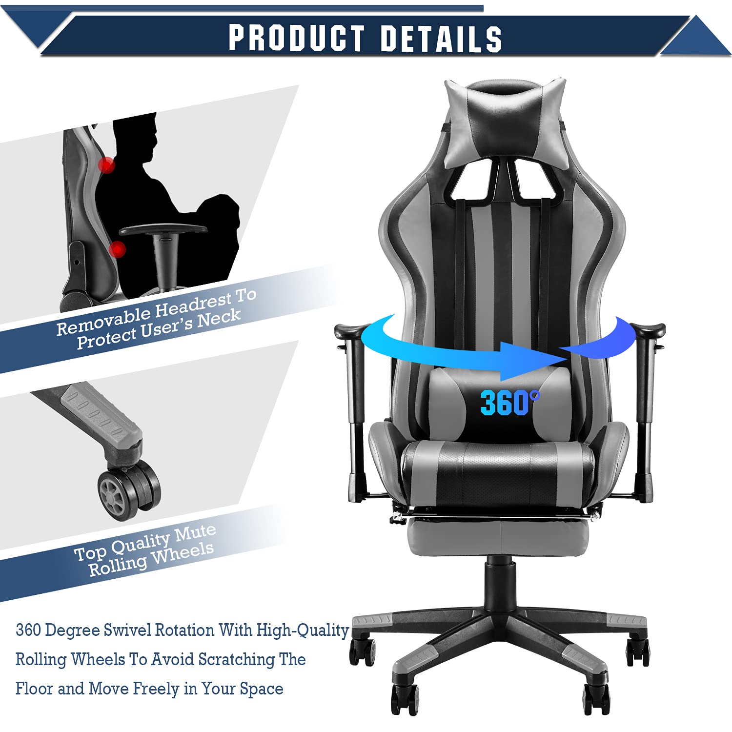 Soontrans Ergonomic Racing Style Gaming Chair with Adjustable Footrest, Headrest & Lumbar Support - High Back Computer Desk Chair for PC Gamers, Office Workers & Home Use (Black/Gray) - Perfect for Esports, Streaming & Long Work Sessions
