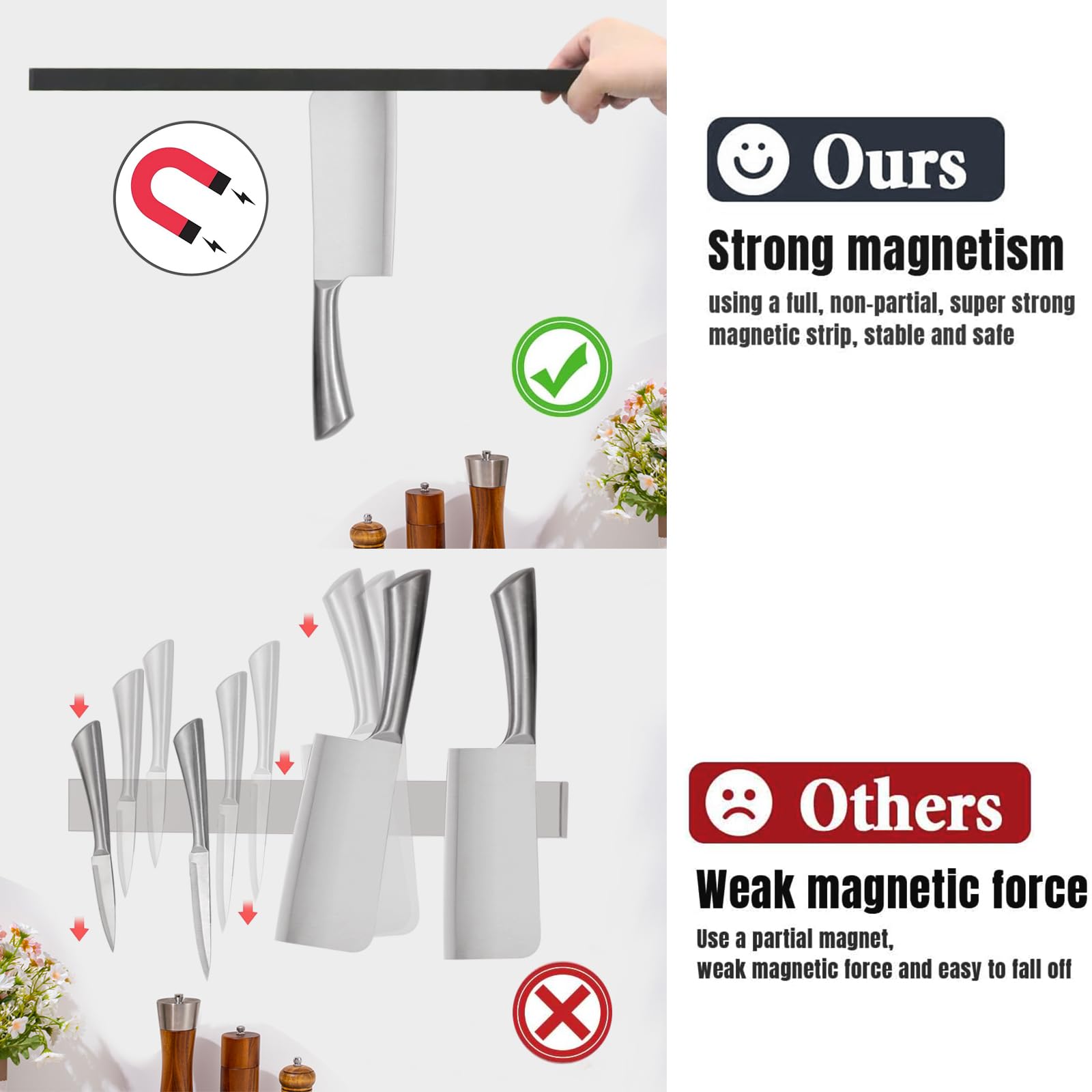 16-Inch Magnetic Knife Holder - Stainless Steel Knife Storage Rack with Wooden Pattern Design | Wall-Mounted Knife Organizer for Kitchen, Restaurant & Home Use