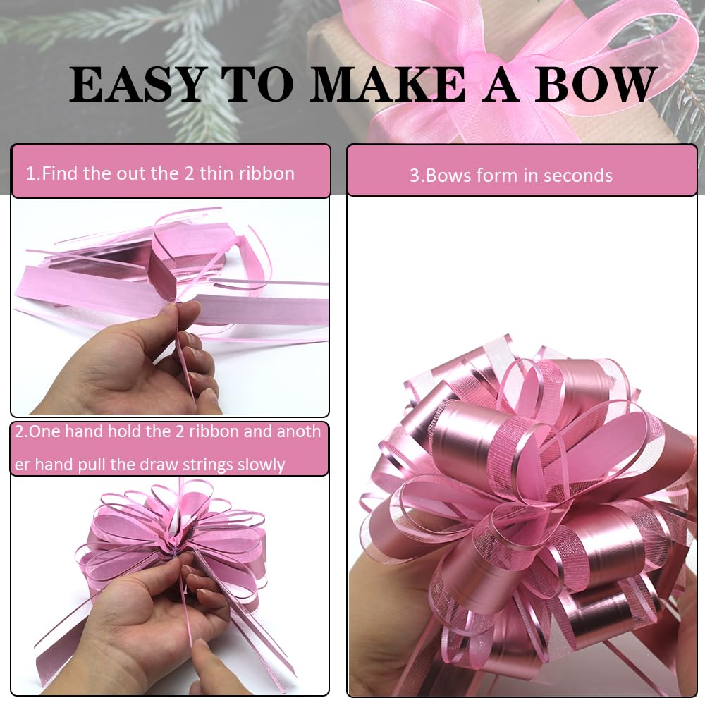 6pcs Pink Pull Bows for Gift Wrapping - 6 Inch Diameter Decorative Bows for Wedding Baskets, Christmas, Valentine's Day & Party Decorations - Perfect for DIY Gifts, Holiday Presents & Special Occasions (Pink)