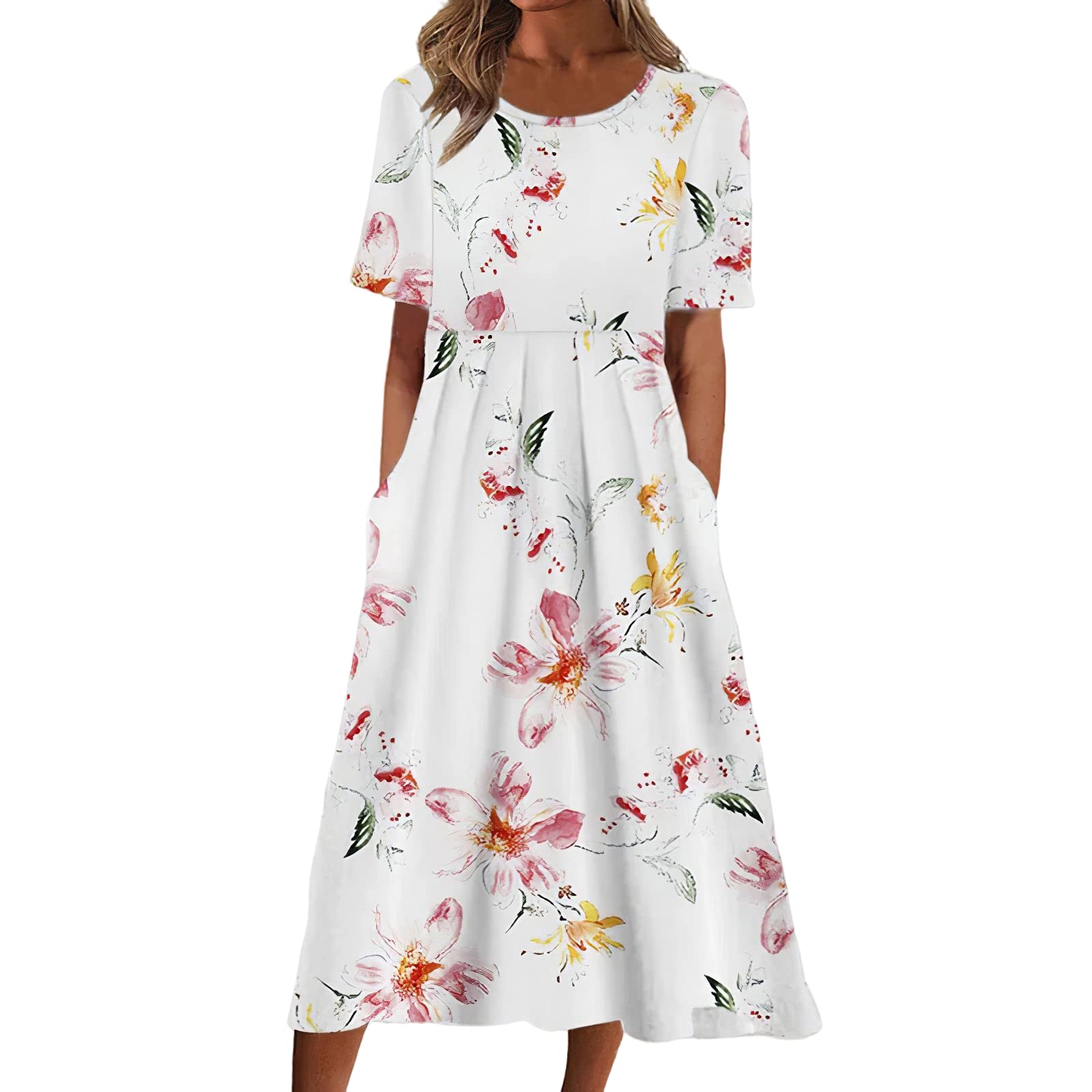 Floral Print Short Sleeve A-Line Midi Dress for Women - Casual Loose Fit Crew Neck Summer Dress with Pockets | Perfect for Beach, Vacation, and Everyday Wear