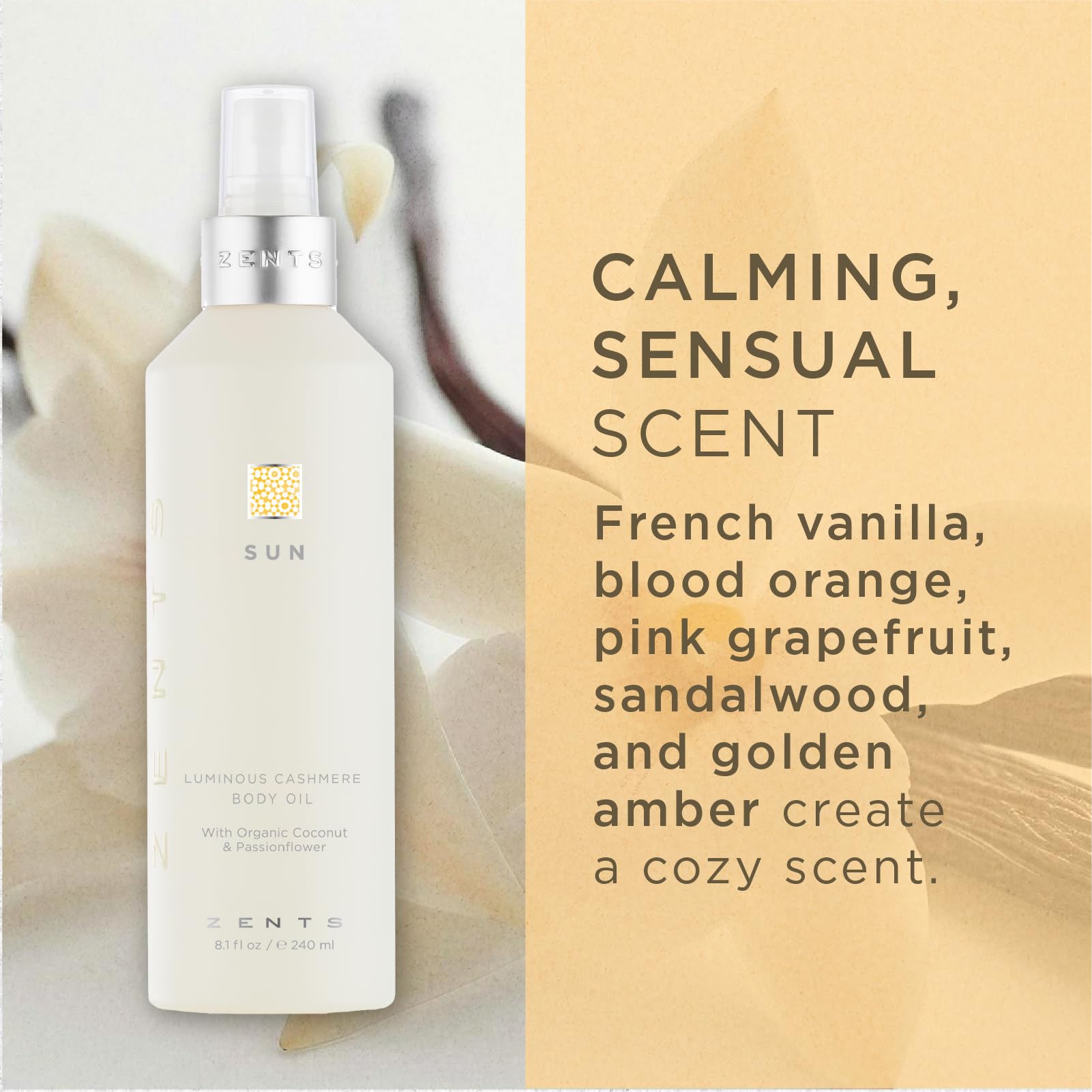 Zents Body Wash & Cashmere Oil Set - Sun Scented, Vitamin E & Coconut Oil for Soft Skin | Spa & Gift Use