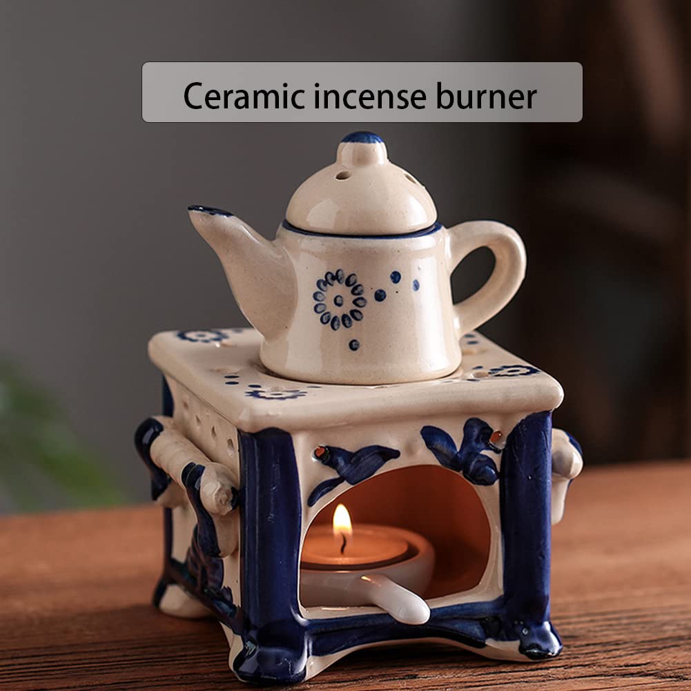 WAYUTO 5.3 Inch Ceramic Essential Oil Diffuser with 10 Candles - Aromatherapy Oil Warmer Wax Melt Burner Tealight Holder for Home, Spa, Yoga & Meditation - Perfect for Valentine's Day, Bedroom, Balcony Decor (Beige)