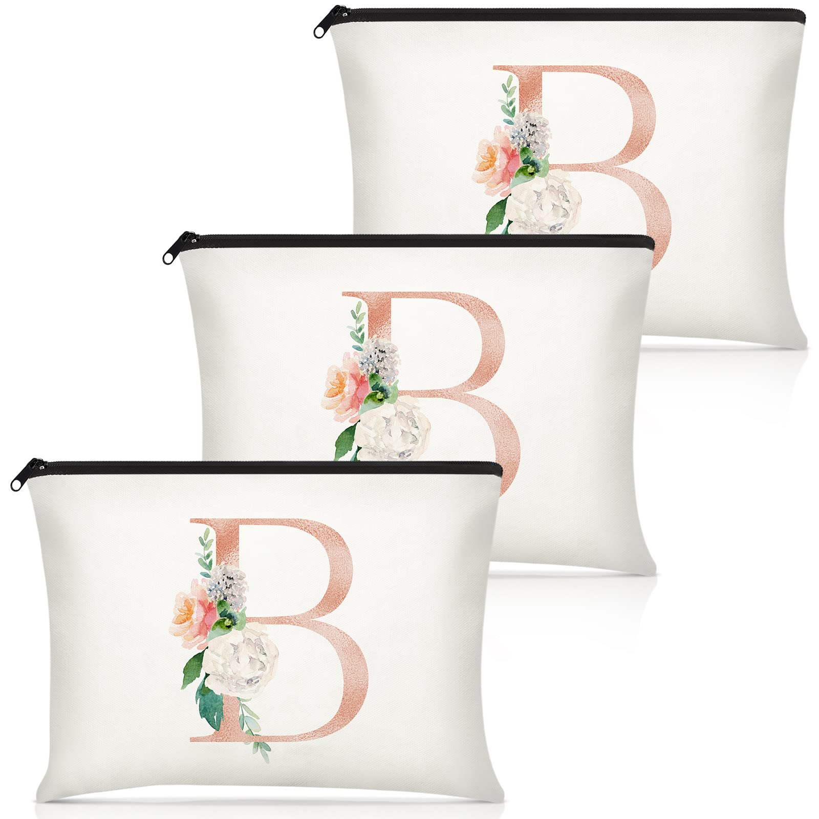Floral Monogram Makeup Bag Set of 3 - Personalized Cosmetic Bags for Women, Wedding Bridal Shower, Teacher Birthday & Mother's Day Gifts - 9x6 Inch Canvas Travel Organizer (B Style) - Perfect for Bridal Parties, Travel & Everyday Use
