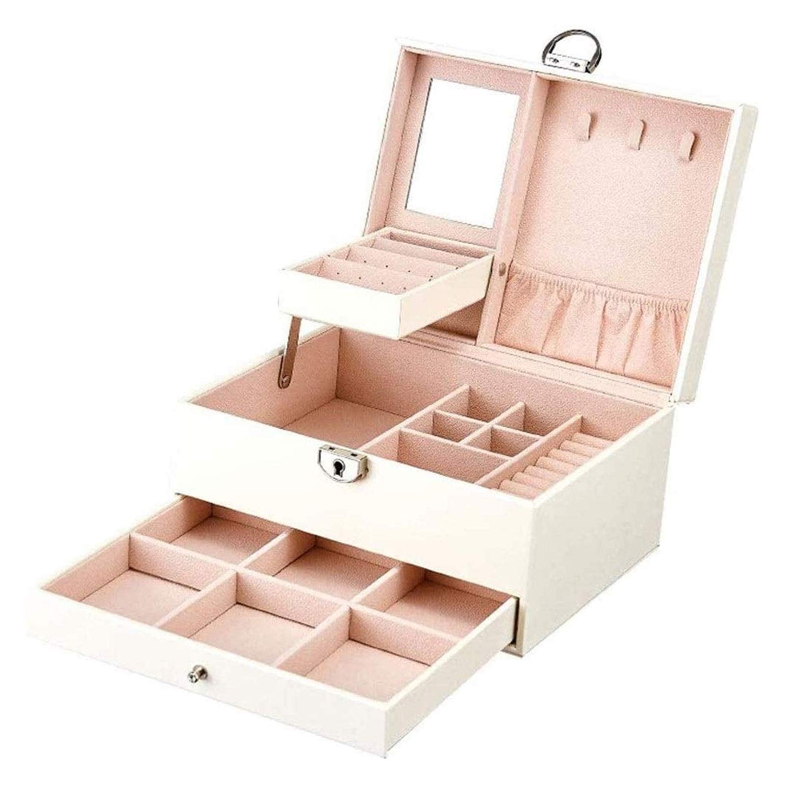 Xuemml HHWKSJ Large Leather Jewelry Box Organizer with Lock & Mirror - Spacious Jewelry Storage Case for Women, Holds Rings, Necklaces, Earrings & Bracelets - Perfect for Travel, Home Vanity & Gift Giving (Color: B)