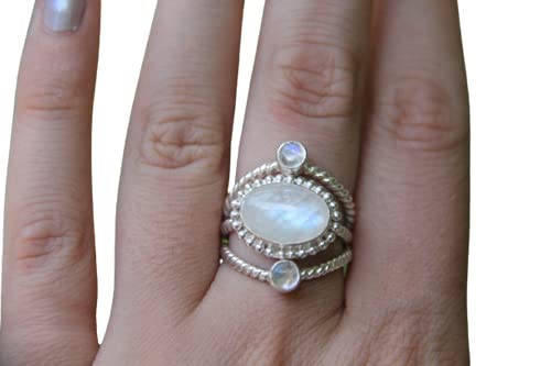 925 Sterling Silver Rainbow Moonstone Double Band Ring for Women | Oval Flashy Moonstone Statement Ring | Gypsy Jewelry Gift for Her | Available in All Sizes | Perfect for Boho Fashion, Wedding Accessories & Everyday Wear