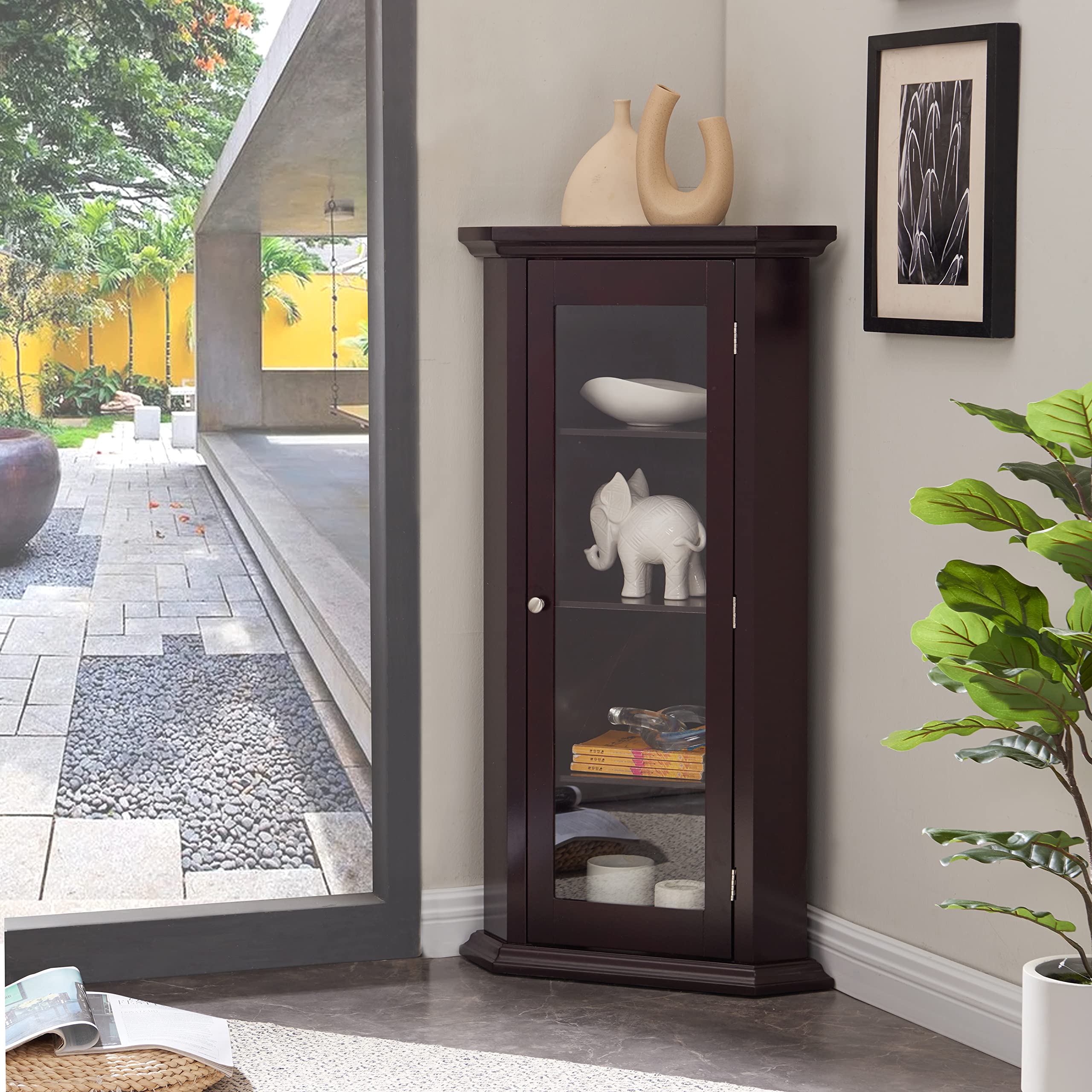 Kings Brand Furniture - Corner Curio Storage Cabinet with Glass Door, Cherry Finish - Display Cabinet for Collectibles, China, and Home Decor - Perfect for Living Room, Dining Room, or Office
