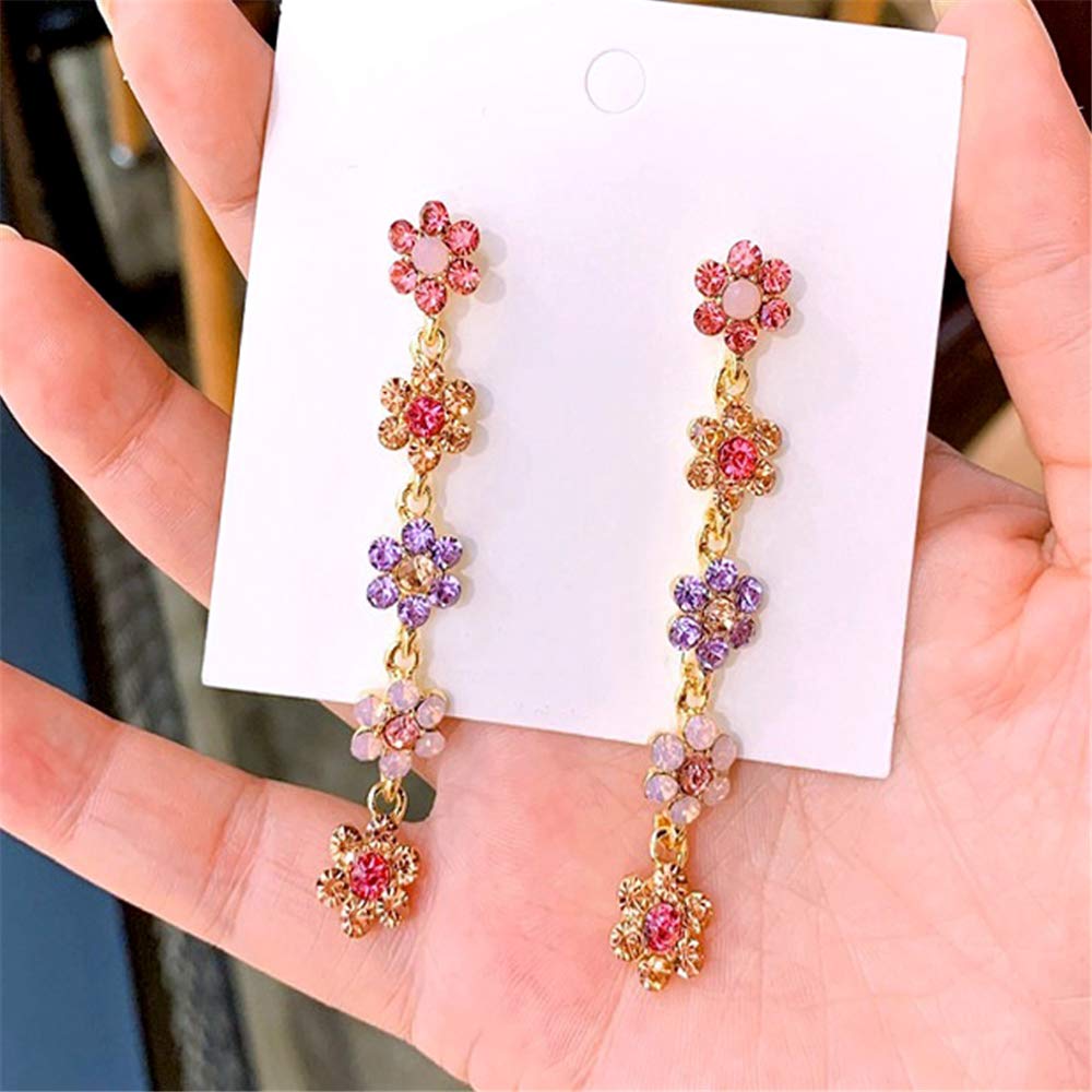 Sparkly Bohemian Long Tassel Blue Ocean Shell Flower Dangle Earrings - Shine Rhinestone Scallop Beach Jewelry for Women | Statement Colorful Crystal Earrings for Summer Vacation, Beach Party & Boho Fashion Accessories