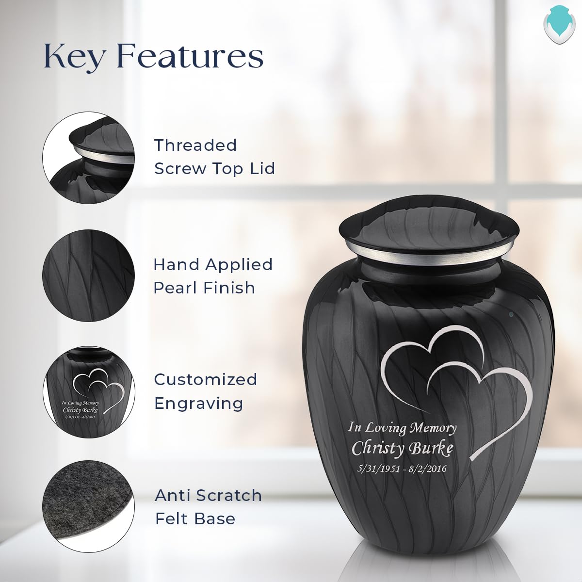 Premium Personalized Heart Cremation Urn for Ashes - Large Pearl Black Funeral Urn for Adults with Double-Sided Engraving - Holds 200 lbs - Perfect for Memorial Services & Home Display