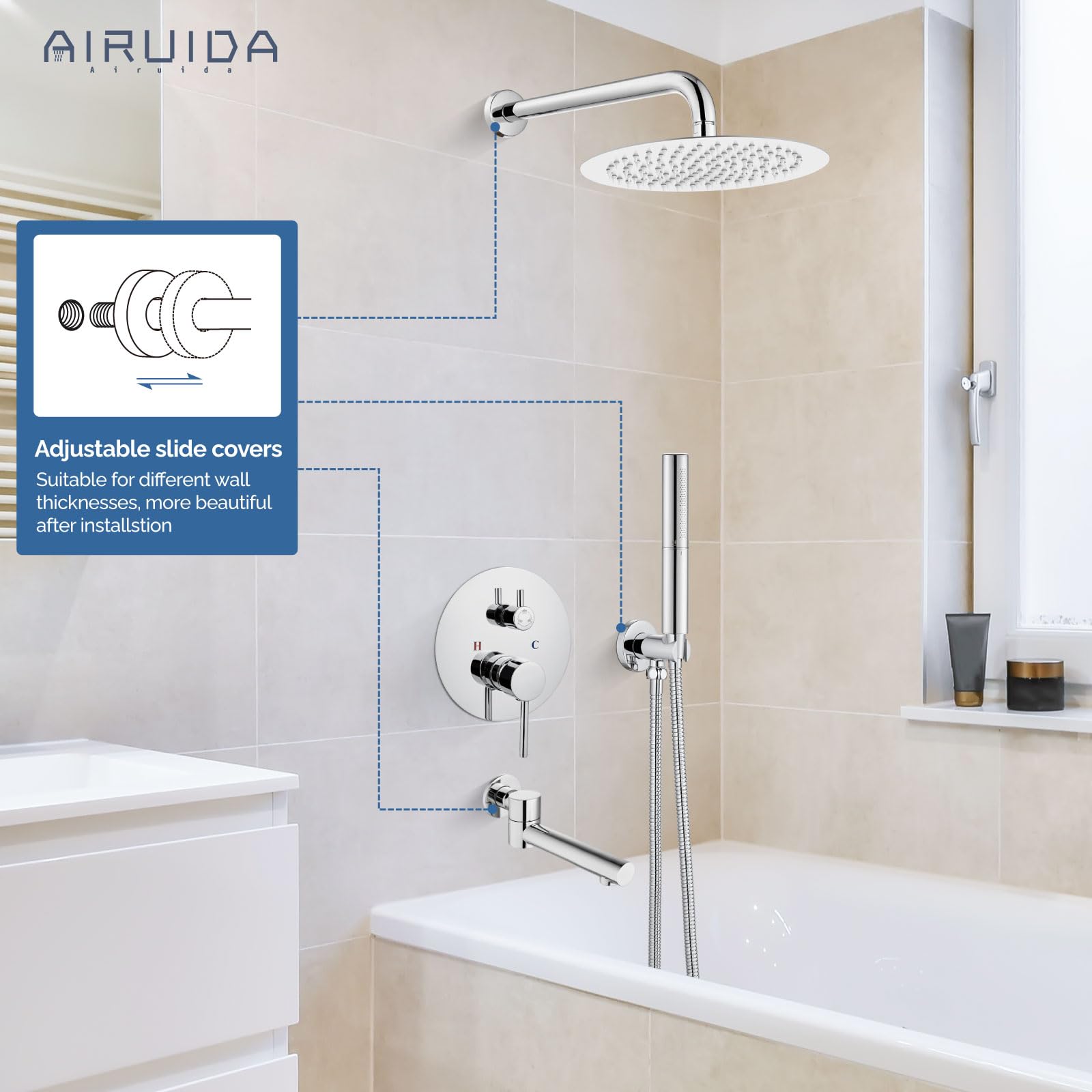 Chrome Polished 12-Inch Round Rain Shower Head & 3-Function Shower System with Handheld Spray - Airuida Tub Shower Faucet Set with Swivel Spout & Rough-in Valve for Bathroom Renovation & Spa-Like Experience
