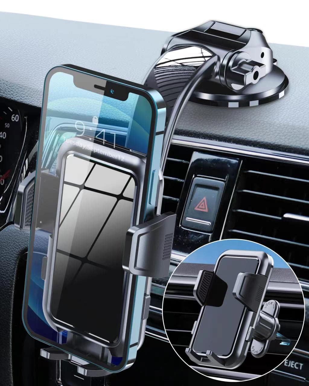 Military Grade Car Phone Mount - Dashboard, Windshield & Vent Phone Holder with Strong Suction & Metal Hook - Hands-Free Stand for iPhone & Smartphones - Perfect for GPS Navigation, Driving & Commuting