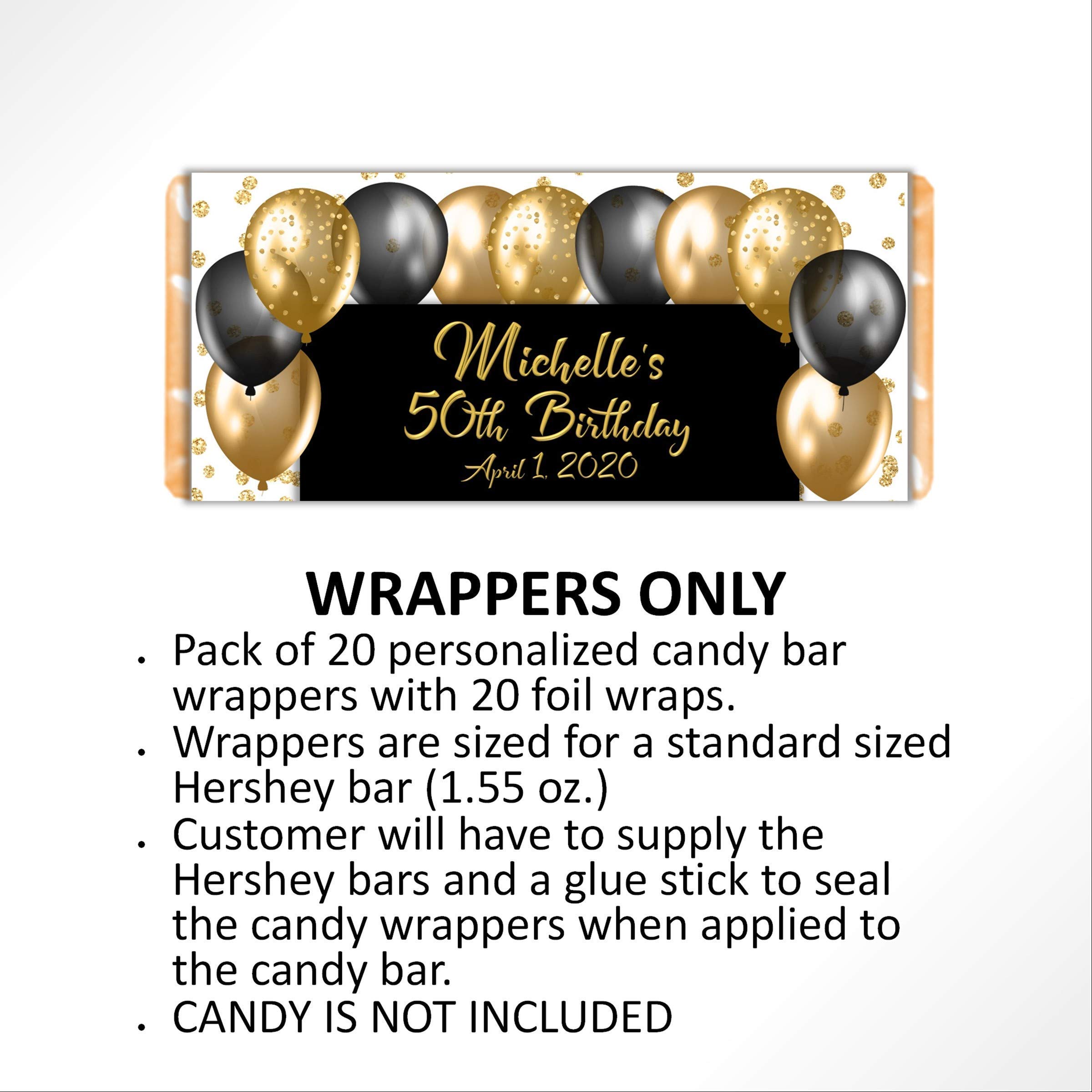 Custom Candy Bar Wrappers - Balloon Pattern Chocolate Bar Labels (20-Pack Gold) for Birthday Parties, Baby Showers & Bridal Events - Perfect for Wedding Favors, Anniversary Celebrations & Special Occasions