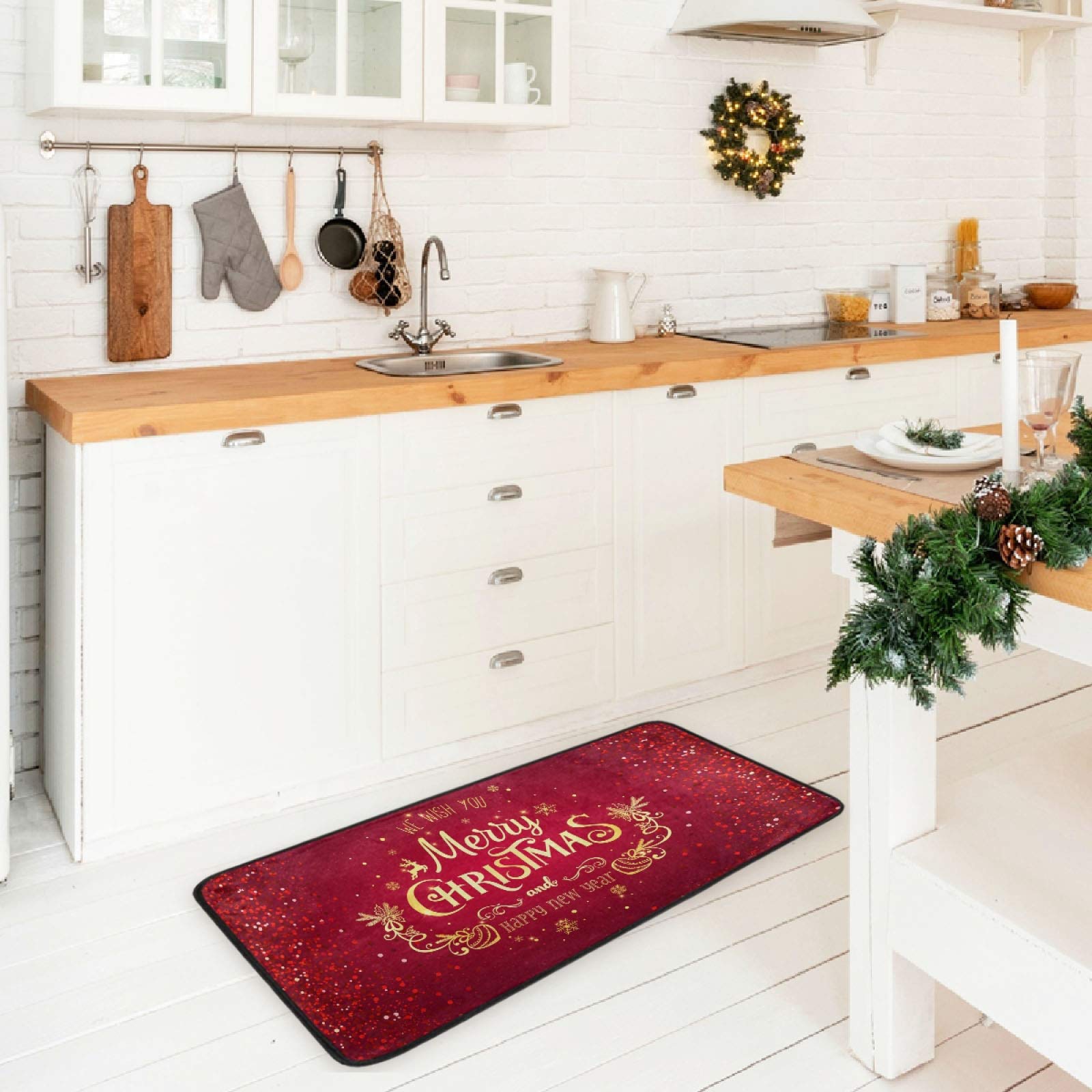 Christmas Snowflake Non-Slip Kitchen Rug - Washable Winter Red Sparkle Floor Mat for Indoor Use - Perfect for Bedroom, Living Room & Bathroom Decor - 39