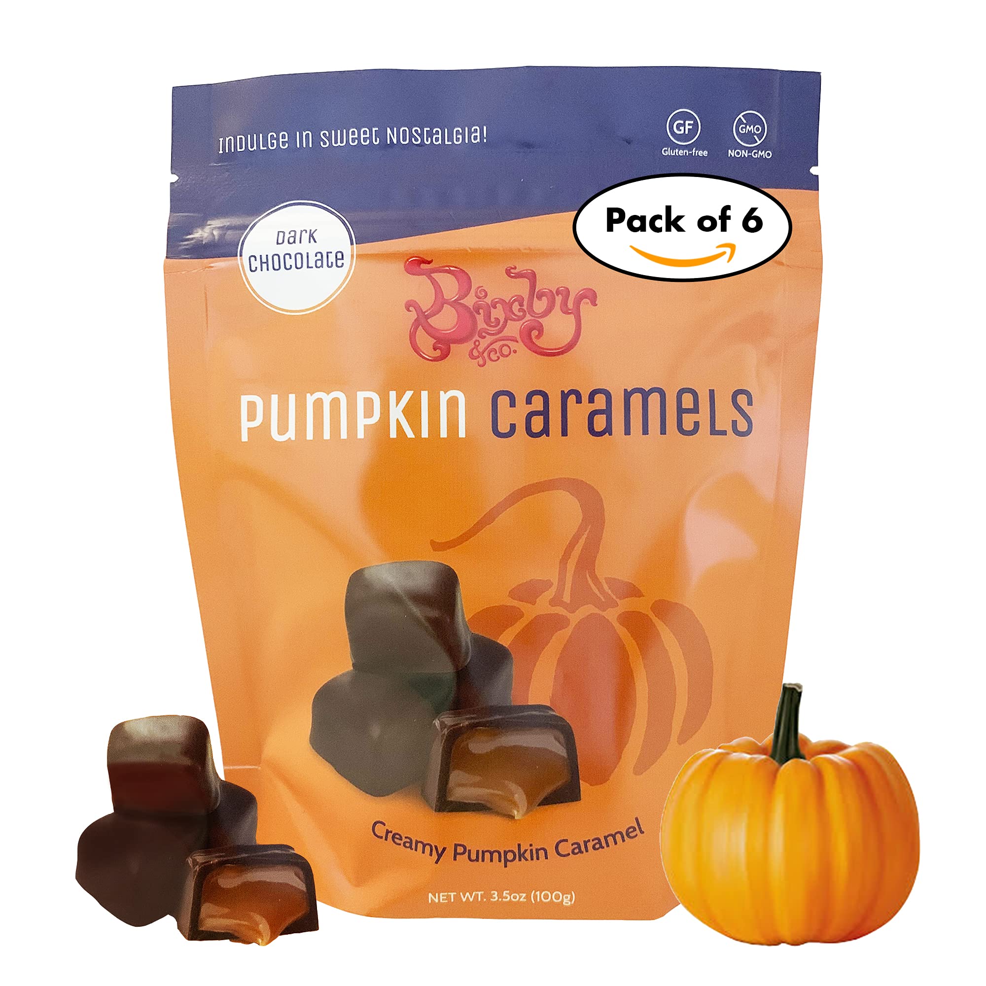 Bixby Chocolates Dark Chocolate Pumpkin Spiced Caramels - 6 Pack (3.5oz Each) | Gluten Free, Kosher, Organic & Ethically Sourced | Fall Treats, Halloween Candy, Thanksgiving Dessert, Holiday Gift Idea