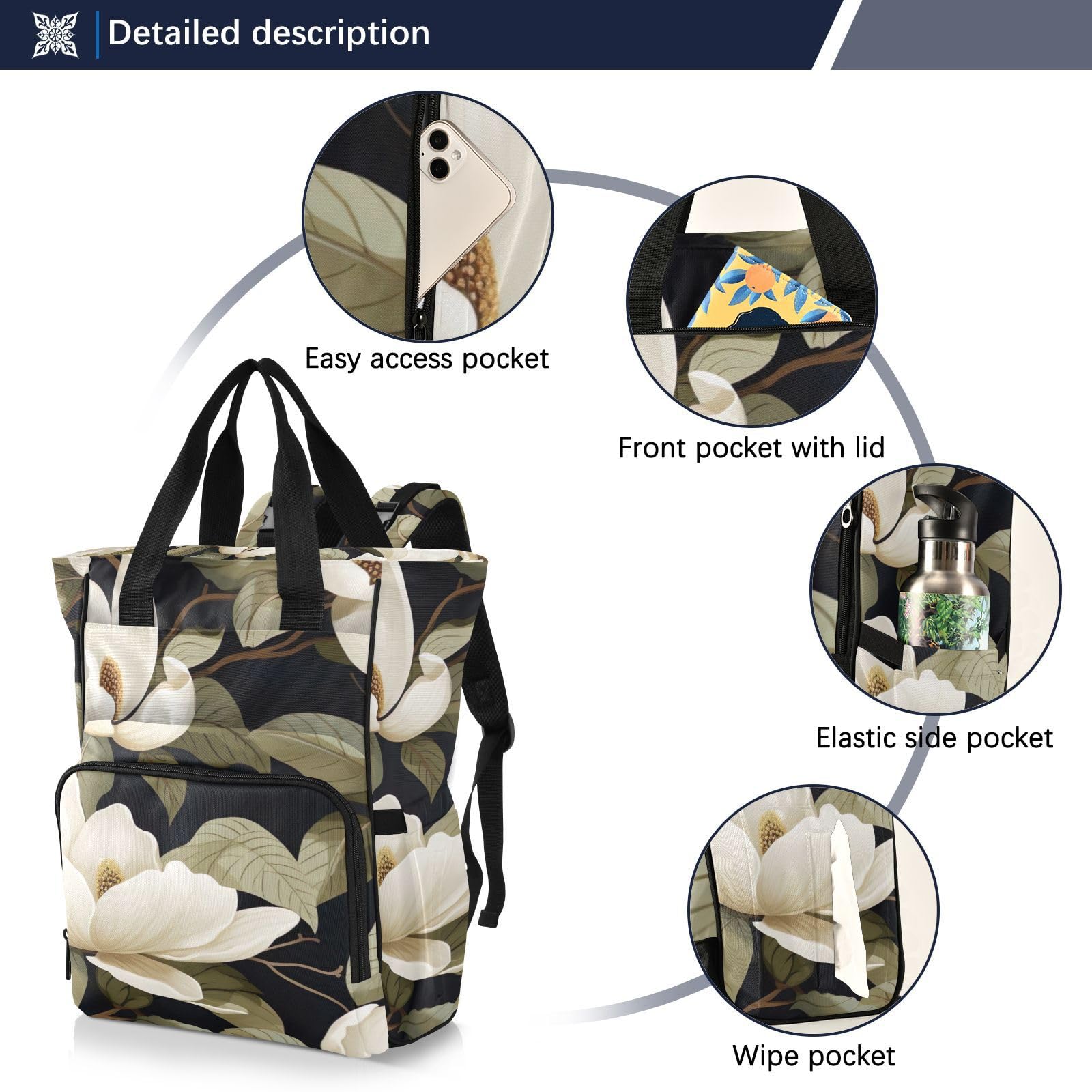 SPRIPORT White Magnolia Flower Diaper Backpack for Baby Boys & Girls - Large Multifunctional Travel Tote with Stroller Straps & Bottle Storage - Perfect for Moms Traveling, Shopping, Hiking & Outdoor Activities