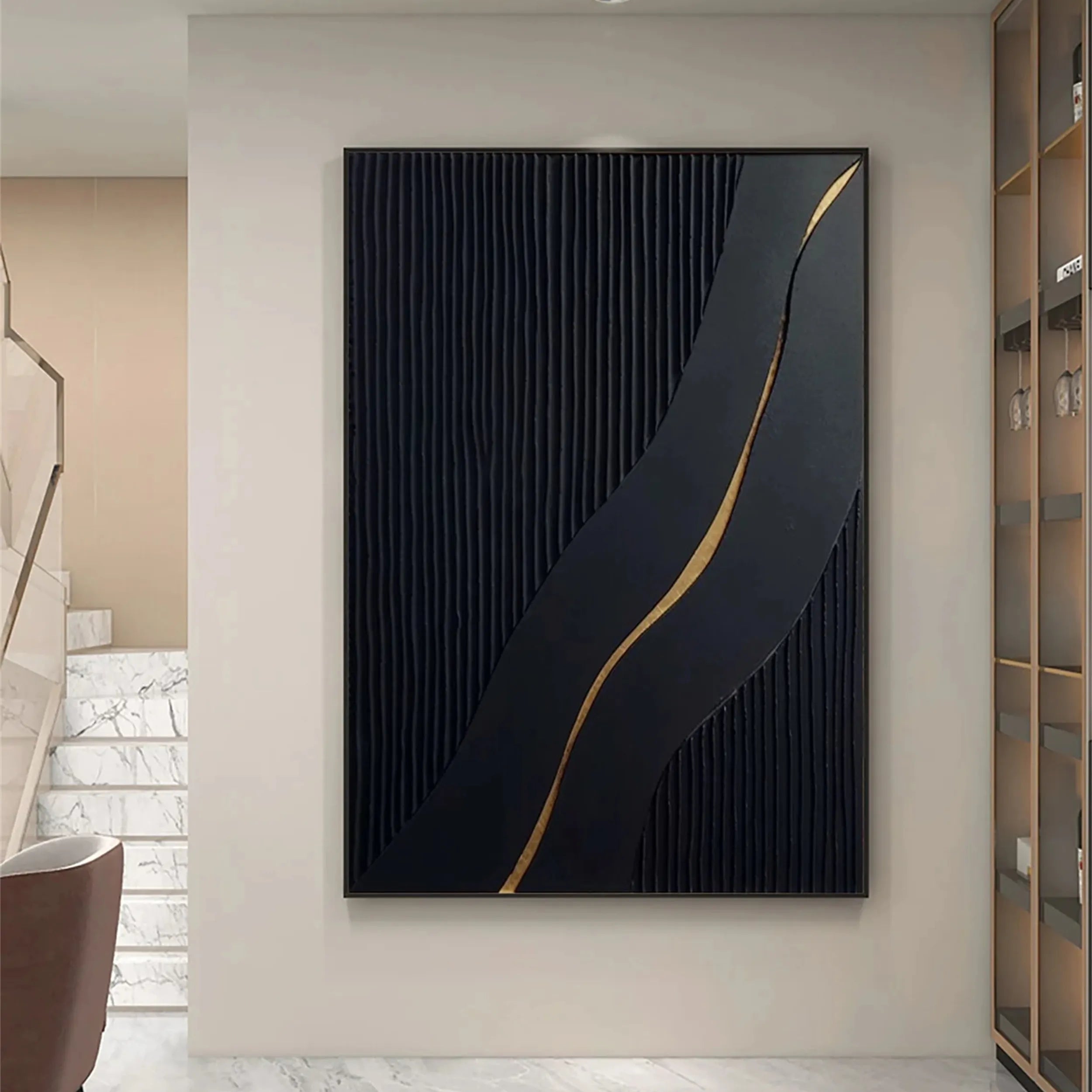 Black Gold Minimalist Textured Abstract Wall Art Painting #MZ083 - Modern Home Decor for Living Room, Bedroom & Office