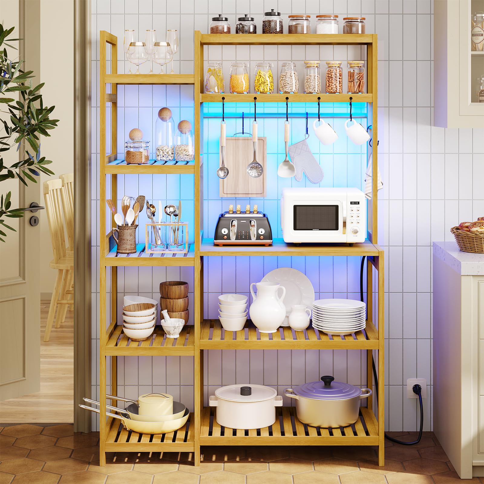 Multi-Functional Bakers Rack with Power Outlet & Coffee Bar - 10-Tier Kitchen Storage Shelf with 8 Hooks - Freestanding Microwave Stand & Utility Organizer - 15.7