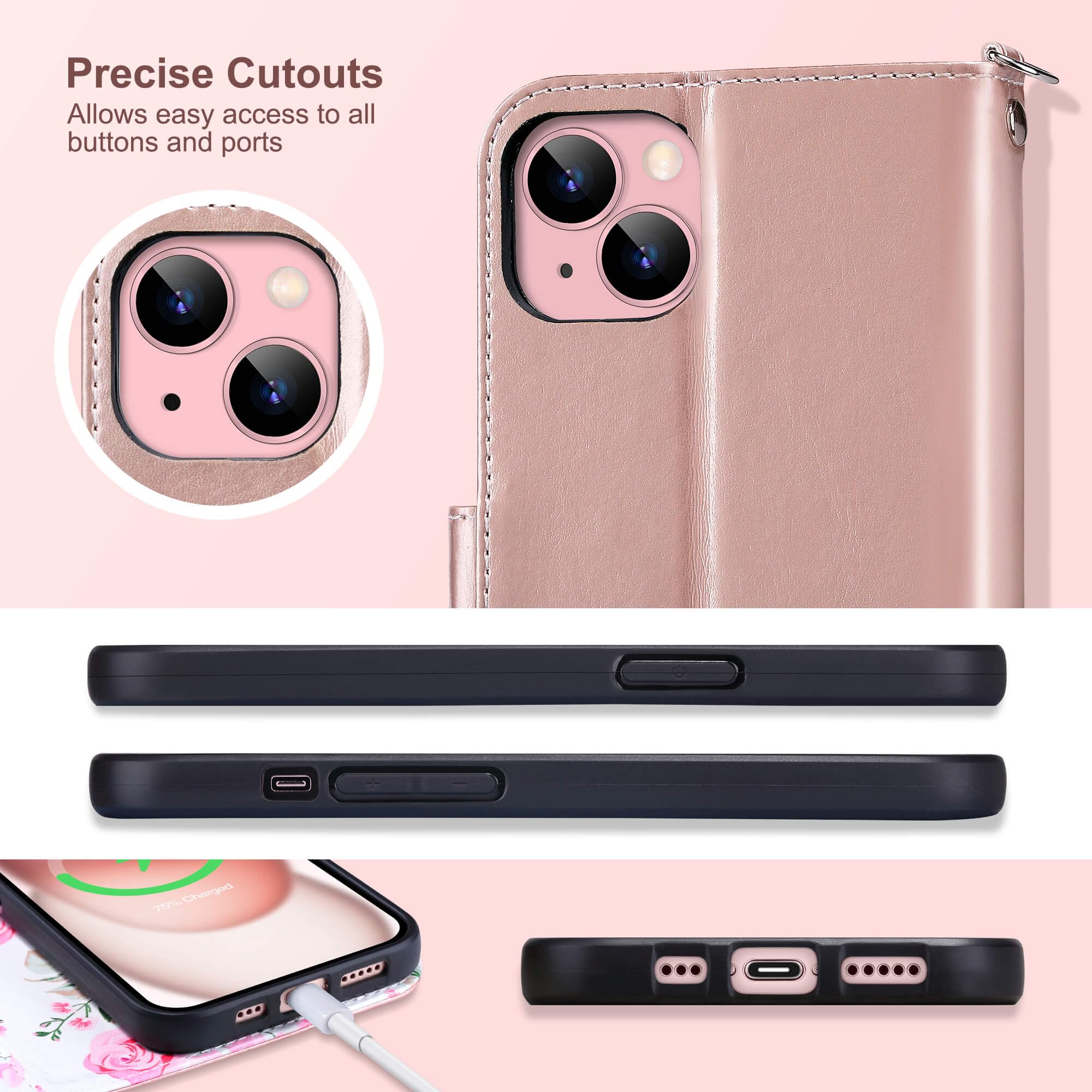 ULAK iPhone 15 Wallet Case for Women - Premium PU Leather Floral Flip Cover with Card Holder & Kickstand | Protective Purse Phone Case for iPhone 15 (6.1 Inch, 2023) | Perfect for Everyday Use, Travel & Shopping (Rose Gold)